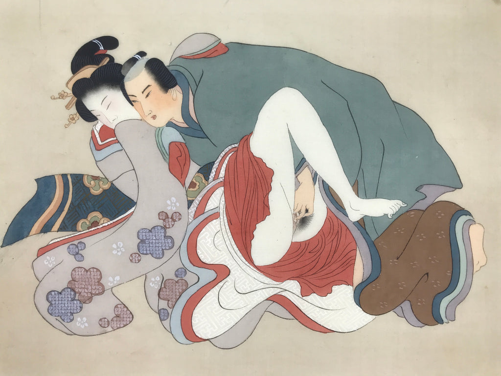 Antique Japanese Hand-Painted Silk Shunga Art Kimono Couple Romantic Scene SP5-AD - Print-chidorivintage.com