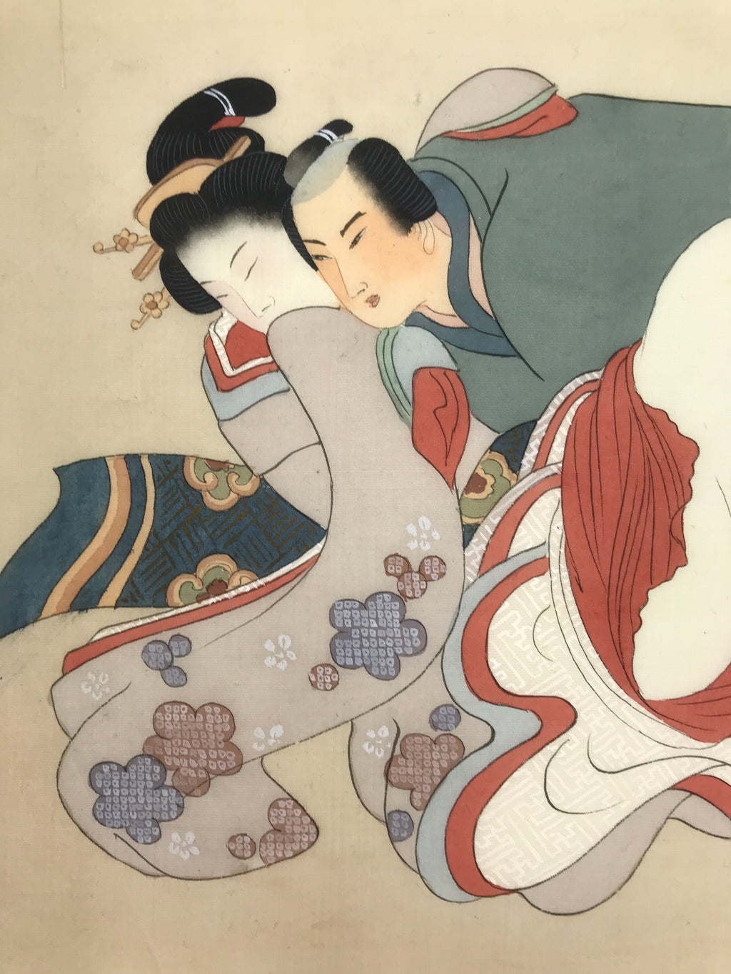 Antique Japanese Hand-Painted Silk Shunga Art Kimono Couple Romantic Scene SP5-AD - Print-chidorivintage.com