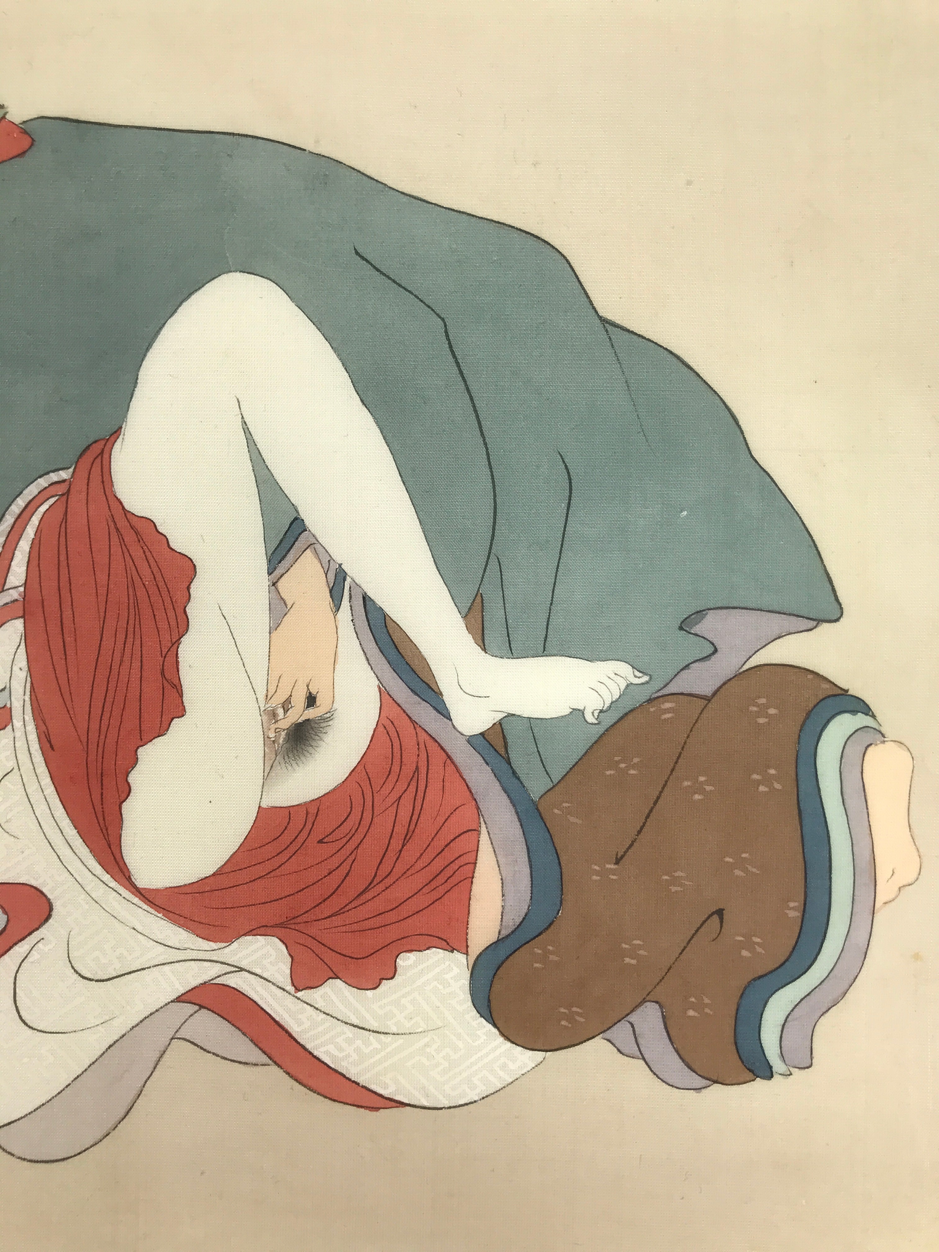 Antique Japanese Hand-Painted Silk Shunga Art Kimono Couple Romantic Scene SP5