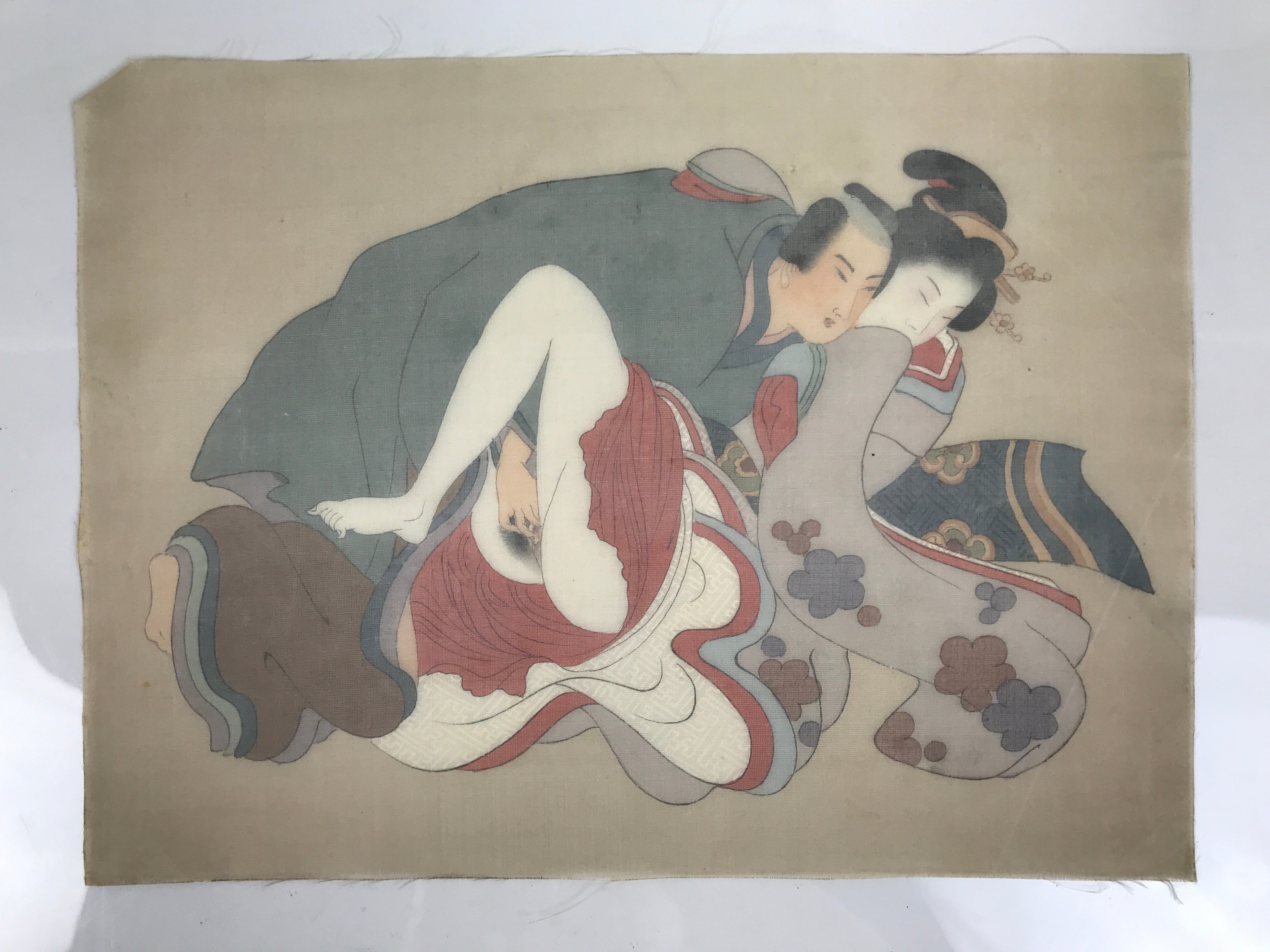 Antique Japanese Hand-Painted Silk Shunga Art Kimono Couple Romantic Scene SP5-AD - Print-chidorivintage.com