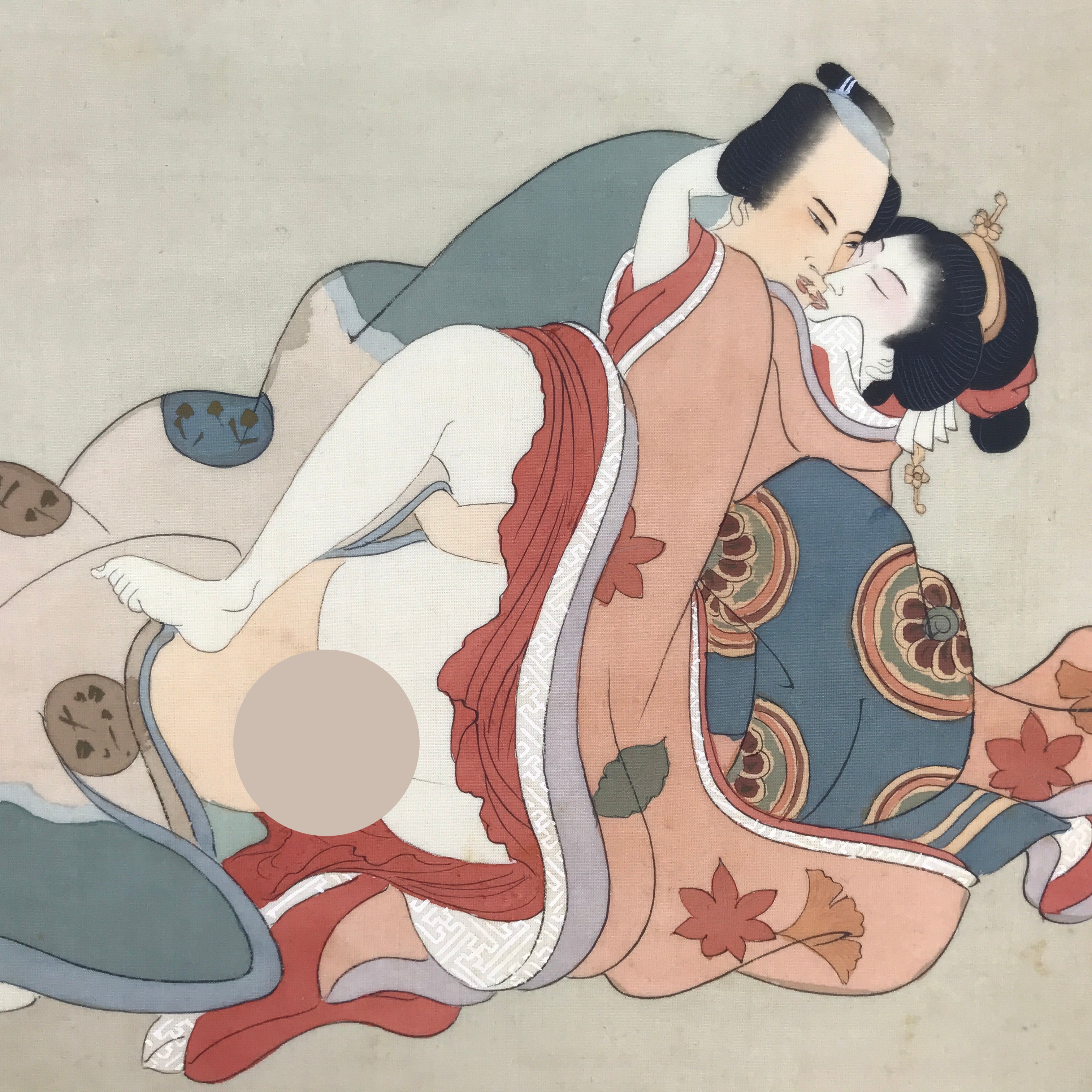 Antique Japanese Hand-Painted Silk Shunga Art Ukiyoe Kimono Couple Scene SP6