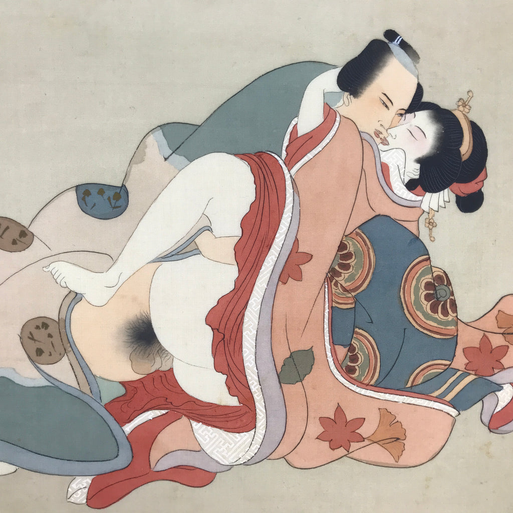 Antique Japanese Hand-Painted Silk Shunga Art Ukiyoe Kimono Couple Scene SP6