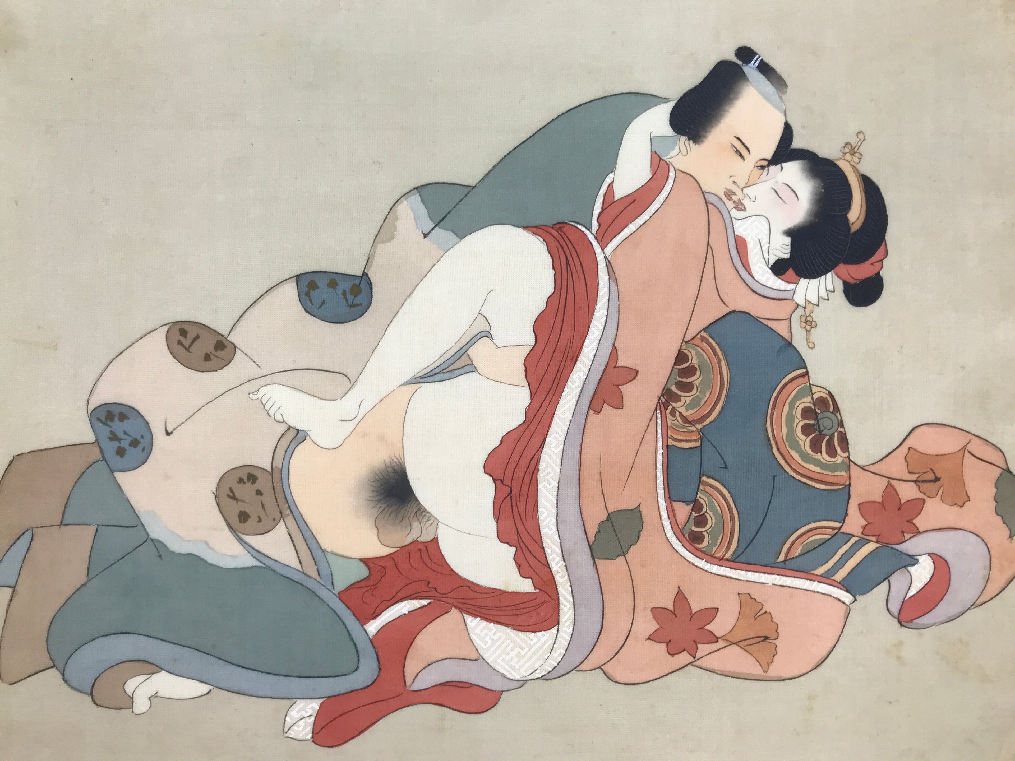 Antique Japanese Hand-Painted Silk Shunga Art Ukiyoe Kimono Couple Scene SP6