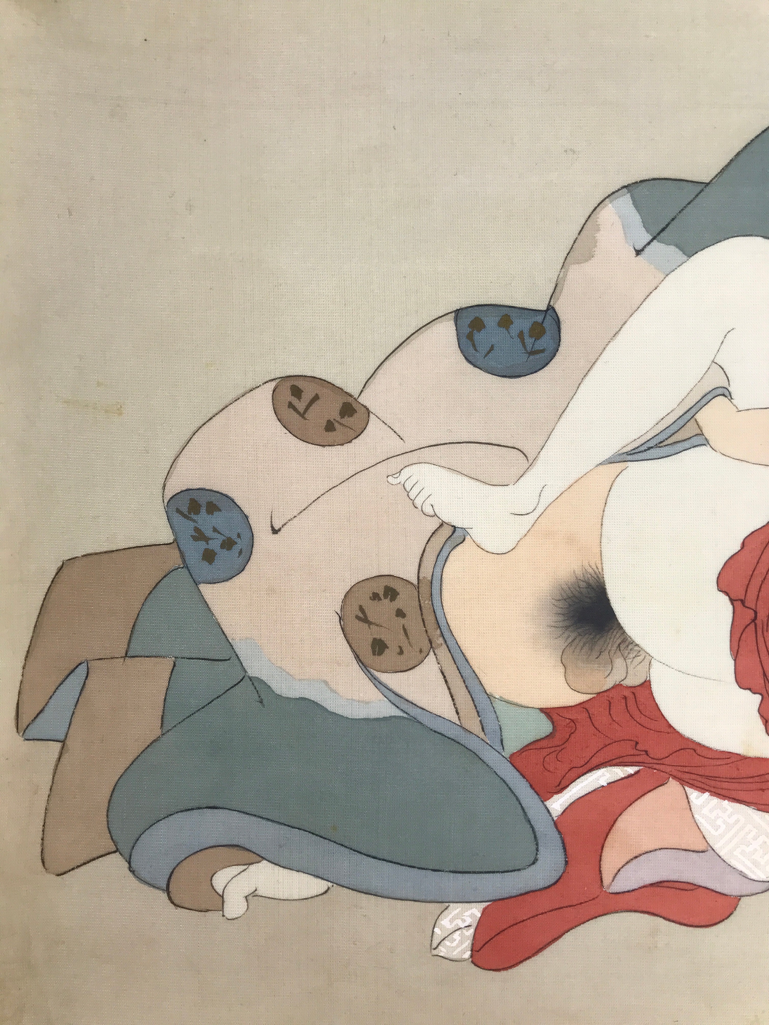 Antique Japanese Hand-Painted Silk Shunga Art Ukiyoe Kimono Couple Scene SP6