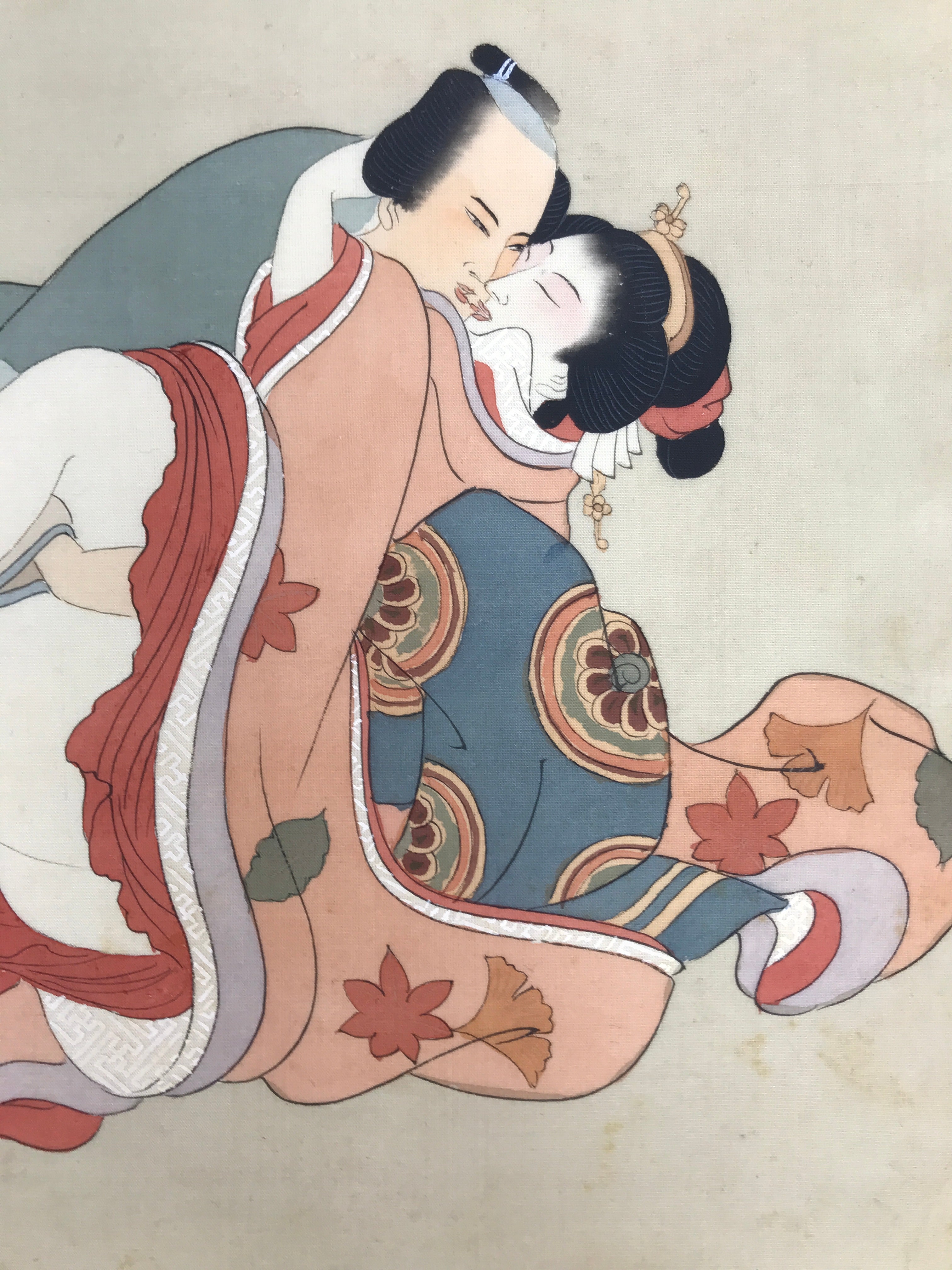 Antique Japanese Hand-Painted Silk Shunga Art Ukiyoe Kimono Couple Scene SP6