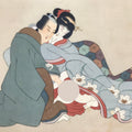 A traditional Japanese-style artwork showing two figures embracing on a patterned textile against a warm beige background.