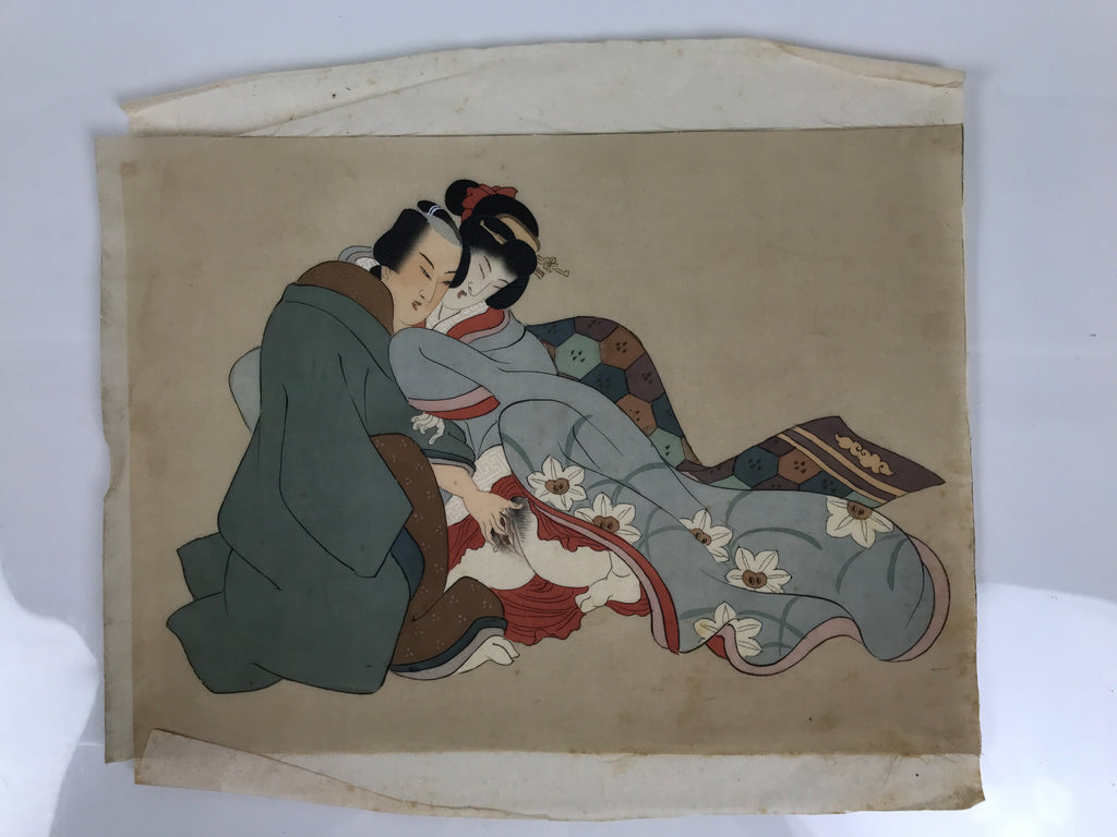 Antique Japanese Hand-Painted Silk Shunga Art Ukiyoe Kimono Couple Scene SP7