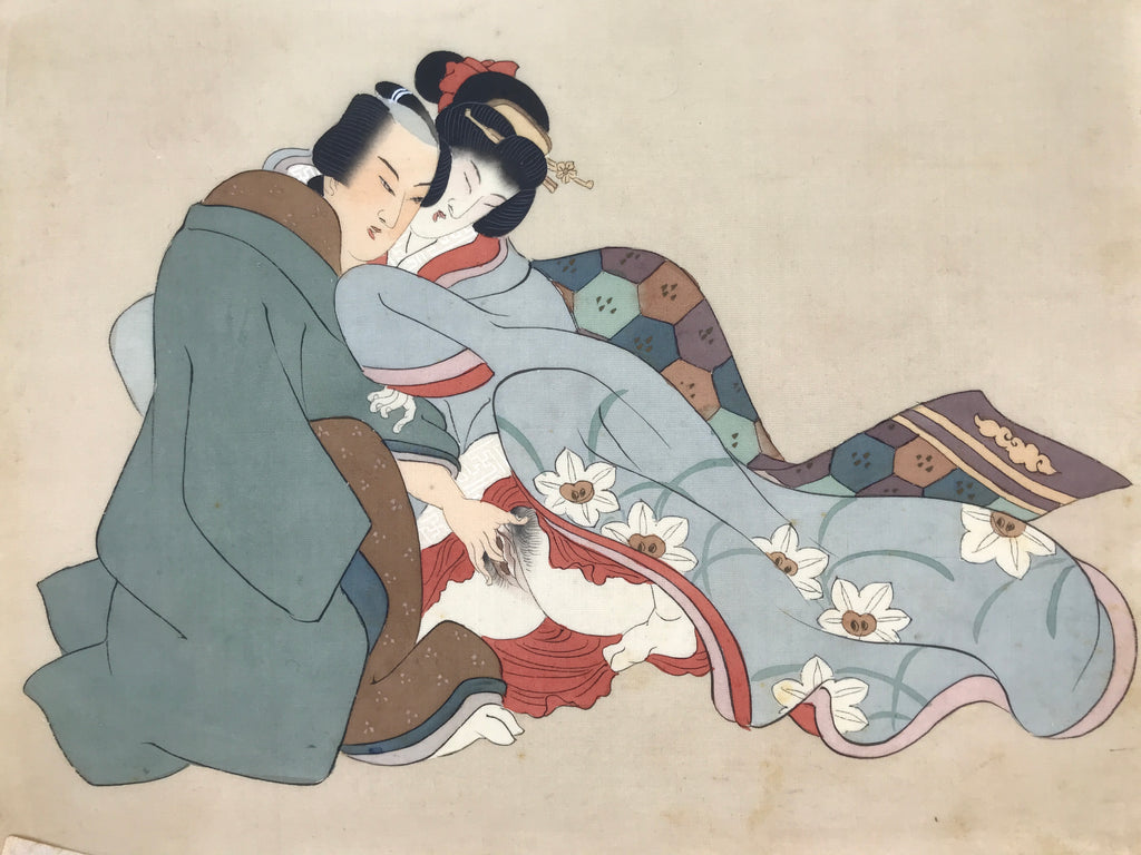 Antique Japanese Hand-Painted Silk Shunga Art Ukiyoe Kimono Couple Scene SP7