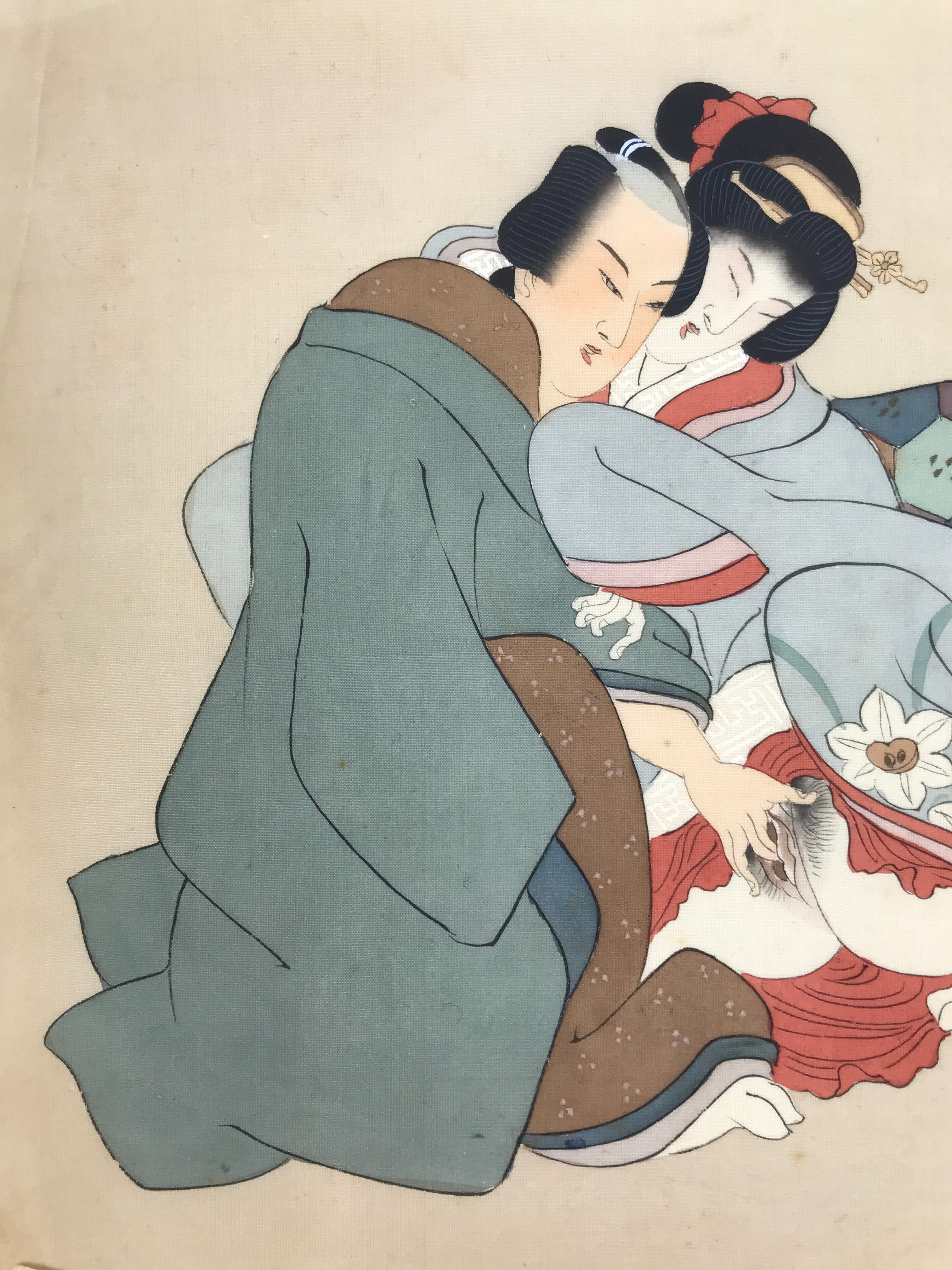 Antique Japanese Hand-Painted Silk Shunga Art Ukiyoe Kimono Couple Scene SP7