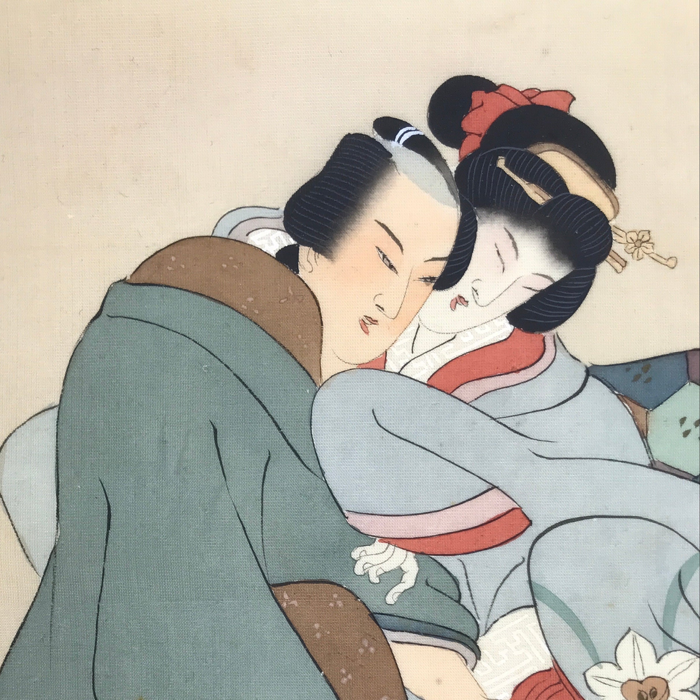 Antique Japanese Hand-Painted Silk Shunga Art Ukiyoe Kimono Couple Scene SP7