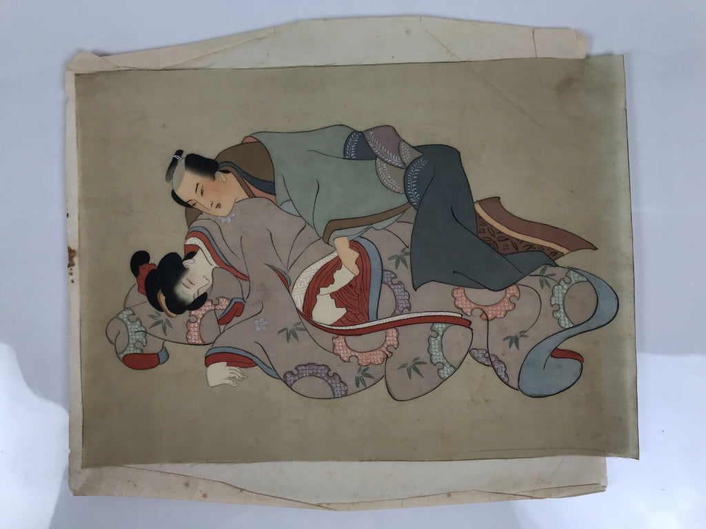 Antique Japanese Hand-Painted Silk Shunga Art Ukiyoe Kimono Couple Scene SP8