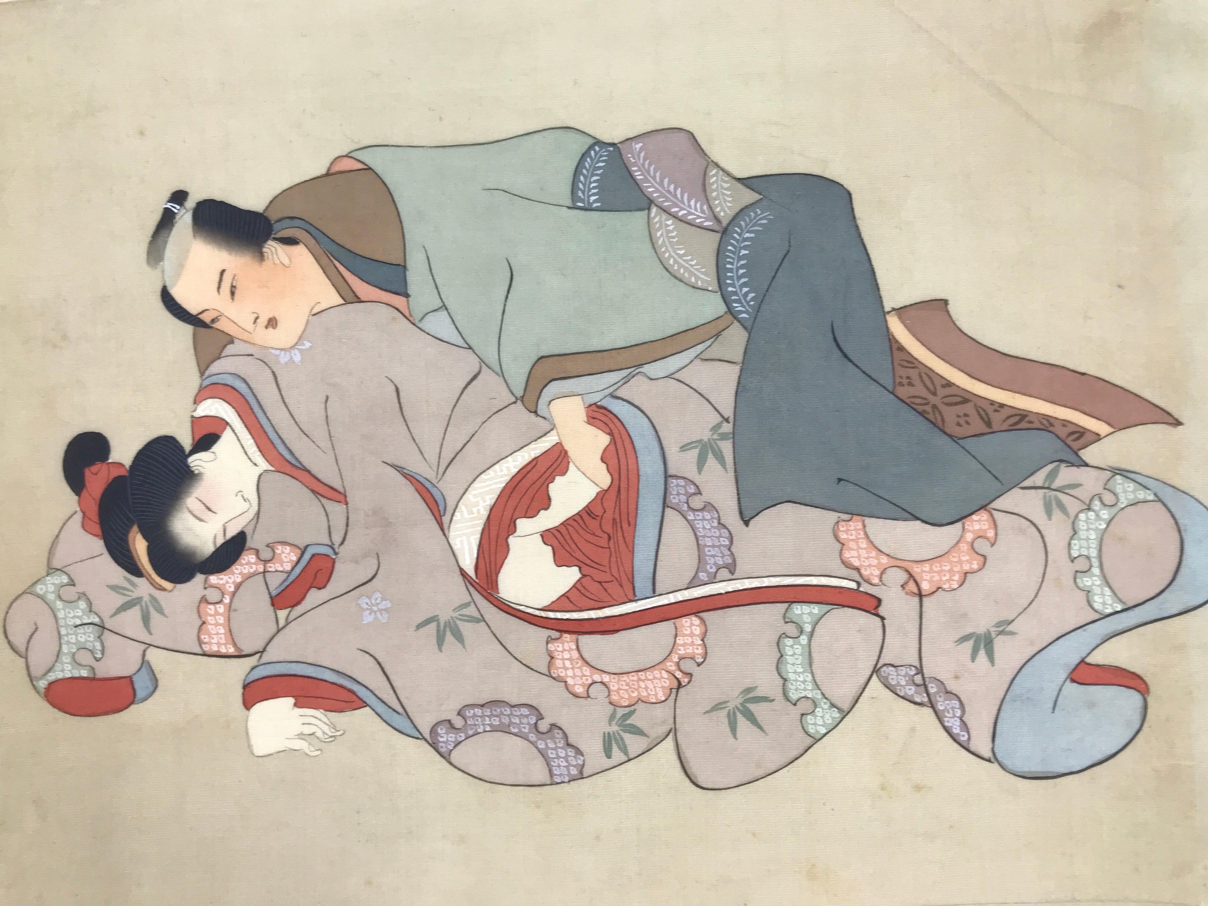 Antique Japanese Hand-Painted Silk Shunga Art Ukiyoe Kimono Couple Scene SP8