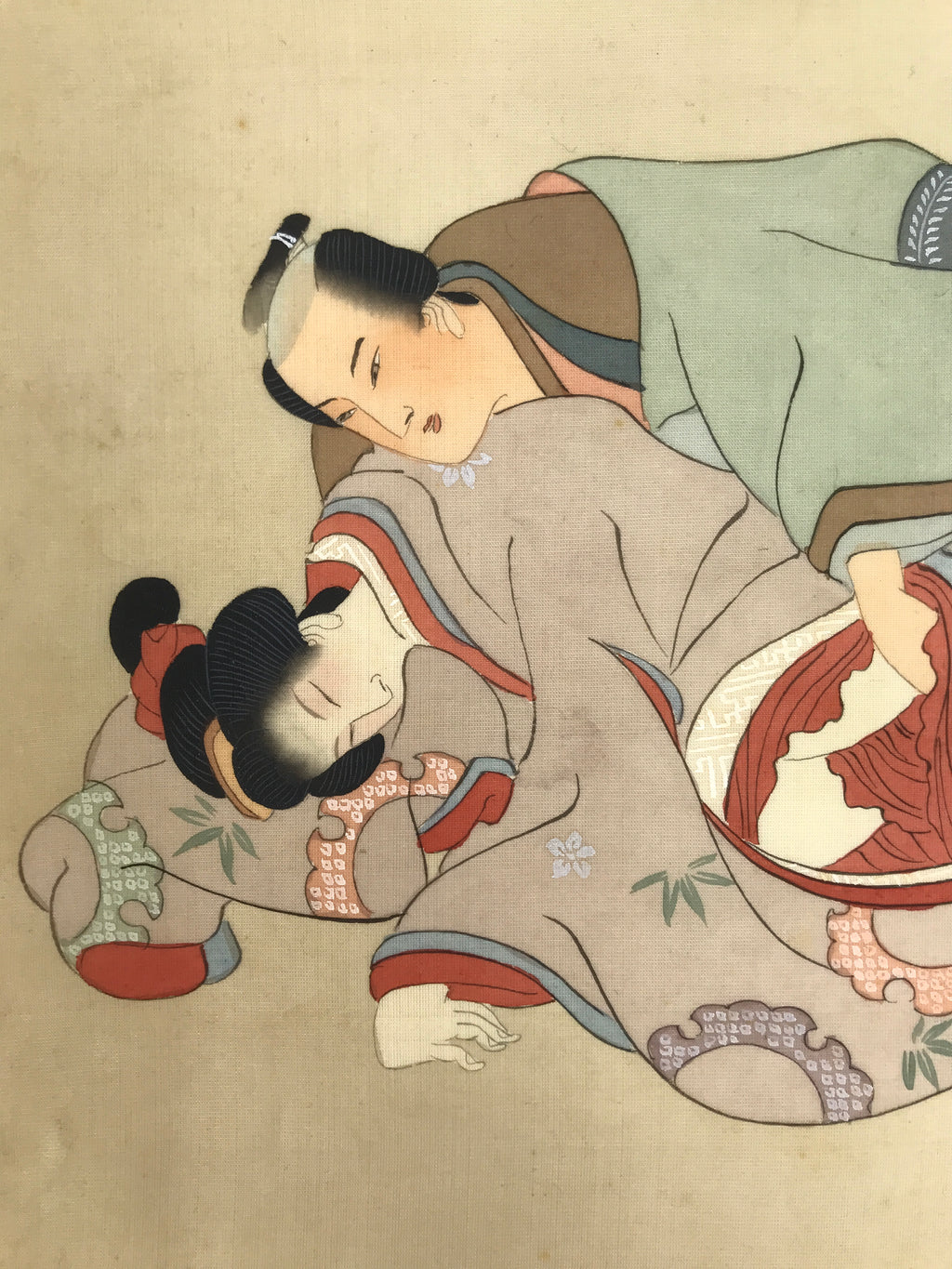 Antique Japanese Hand-Painted Silk Shunga Art Ukiyoe Kimono Couple Scene SP8