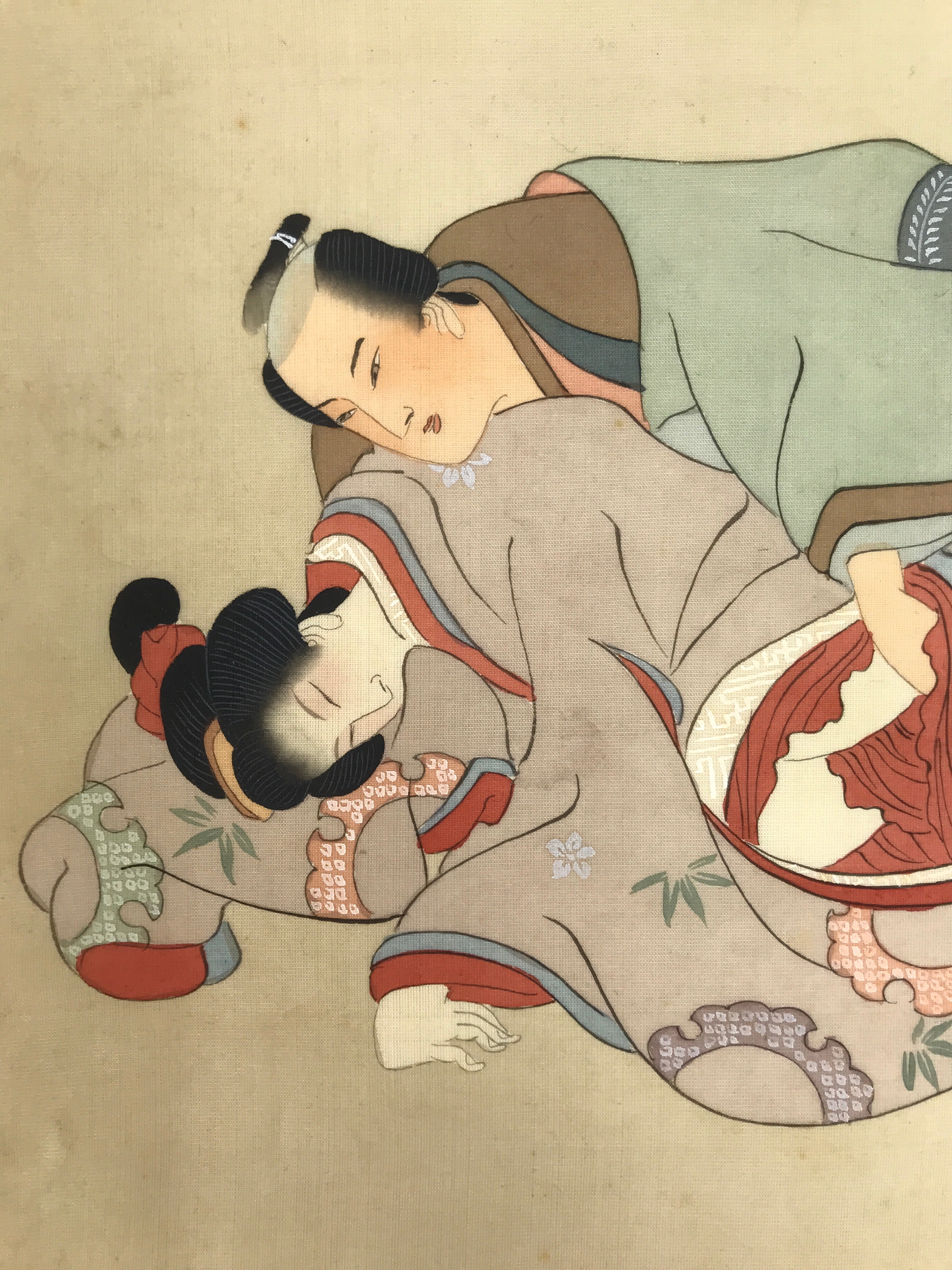 Antique Japanese Hand-Painted Silk Shunga Art Ukiyoe Kimono Couple Scene SP8