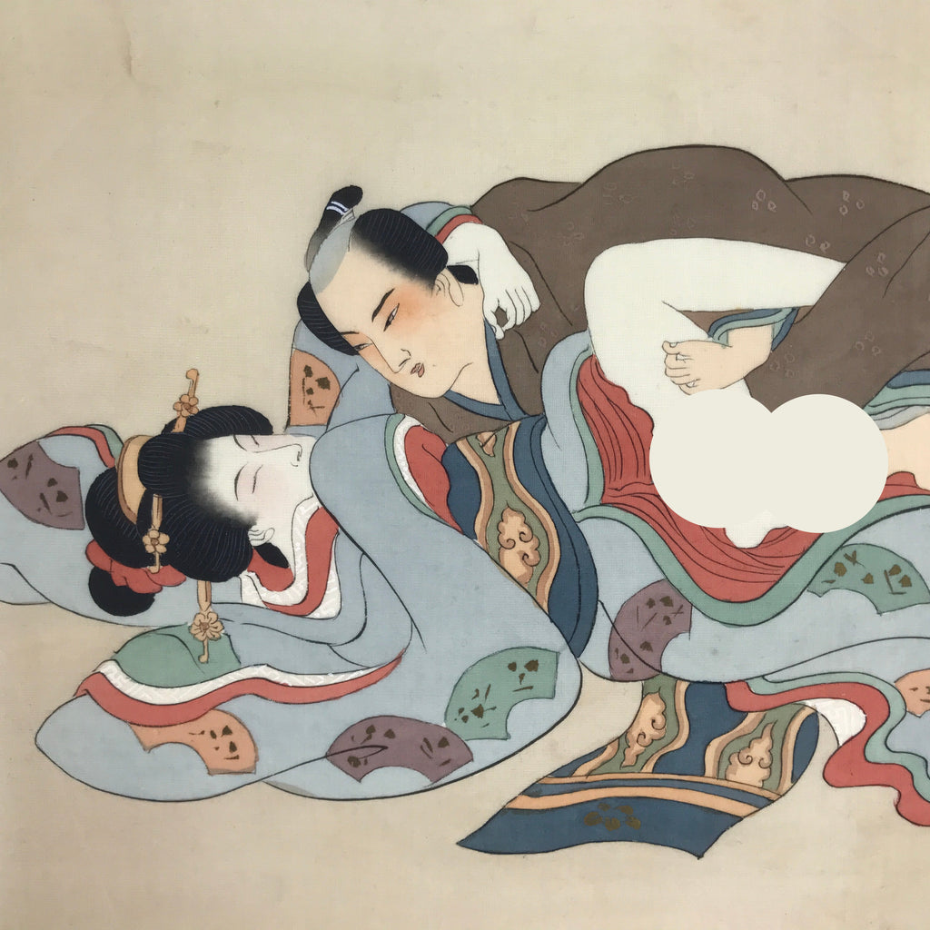 Antique Japanese Hand-Painted Silk Shunga Art Ukiyoe Kimono Couple Scene SP9