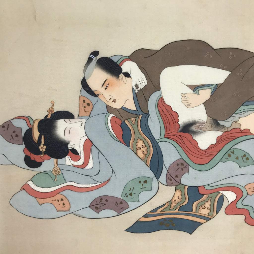 Antique Japanese Hand-Painted Silk Shunga Art Ukiyoe Kimono Couple Scene SP9