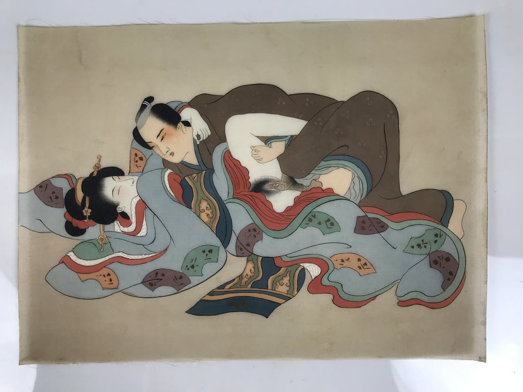 Antique Japanese Hand-Painted Silk Shunga Art Ukiyoe Kimono Couple Scene SP9