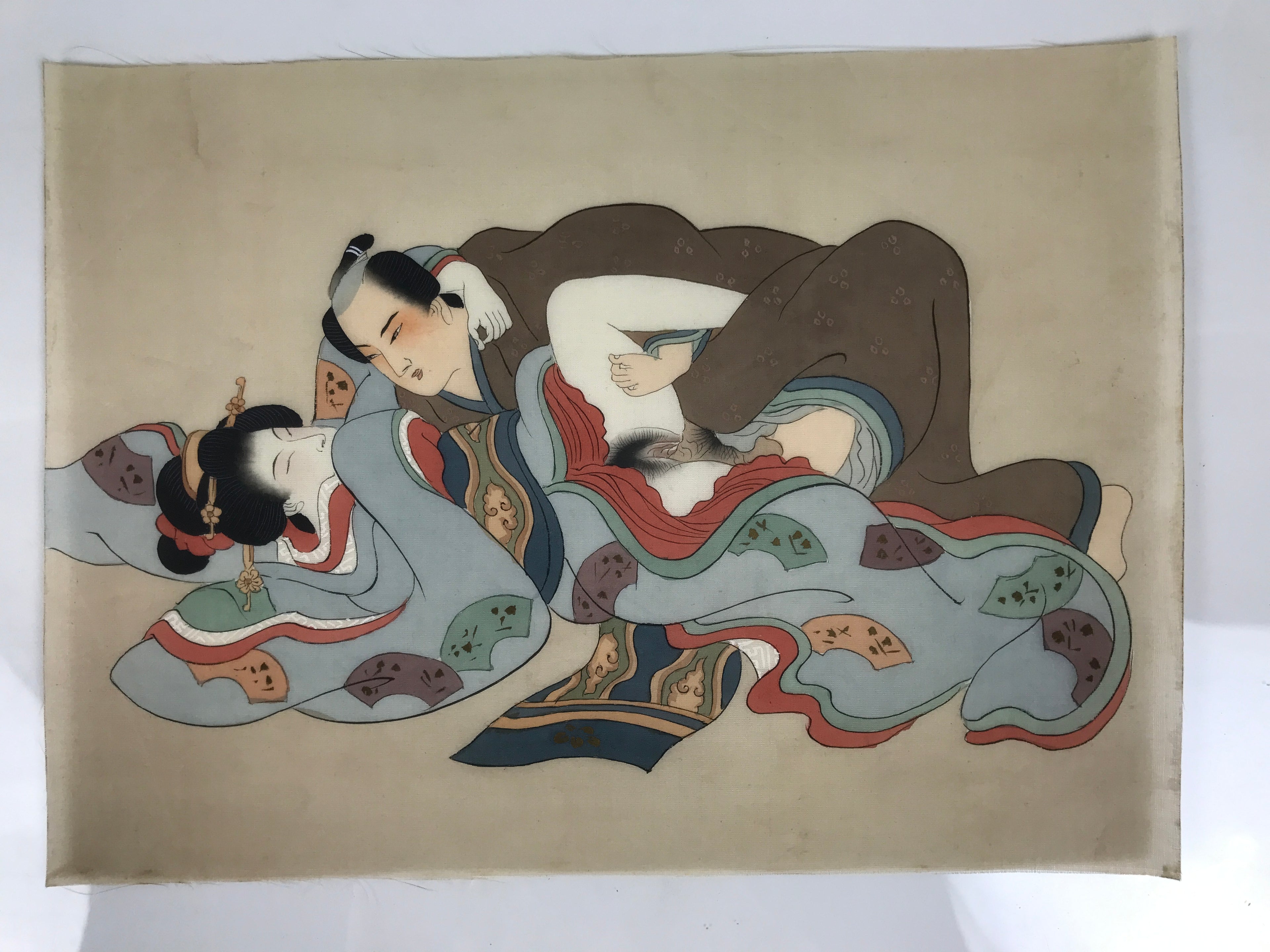 Antique Japanese Hand-Painted Silk Shunga Art Ukiyoe Kimono Couple Scene SP9