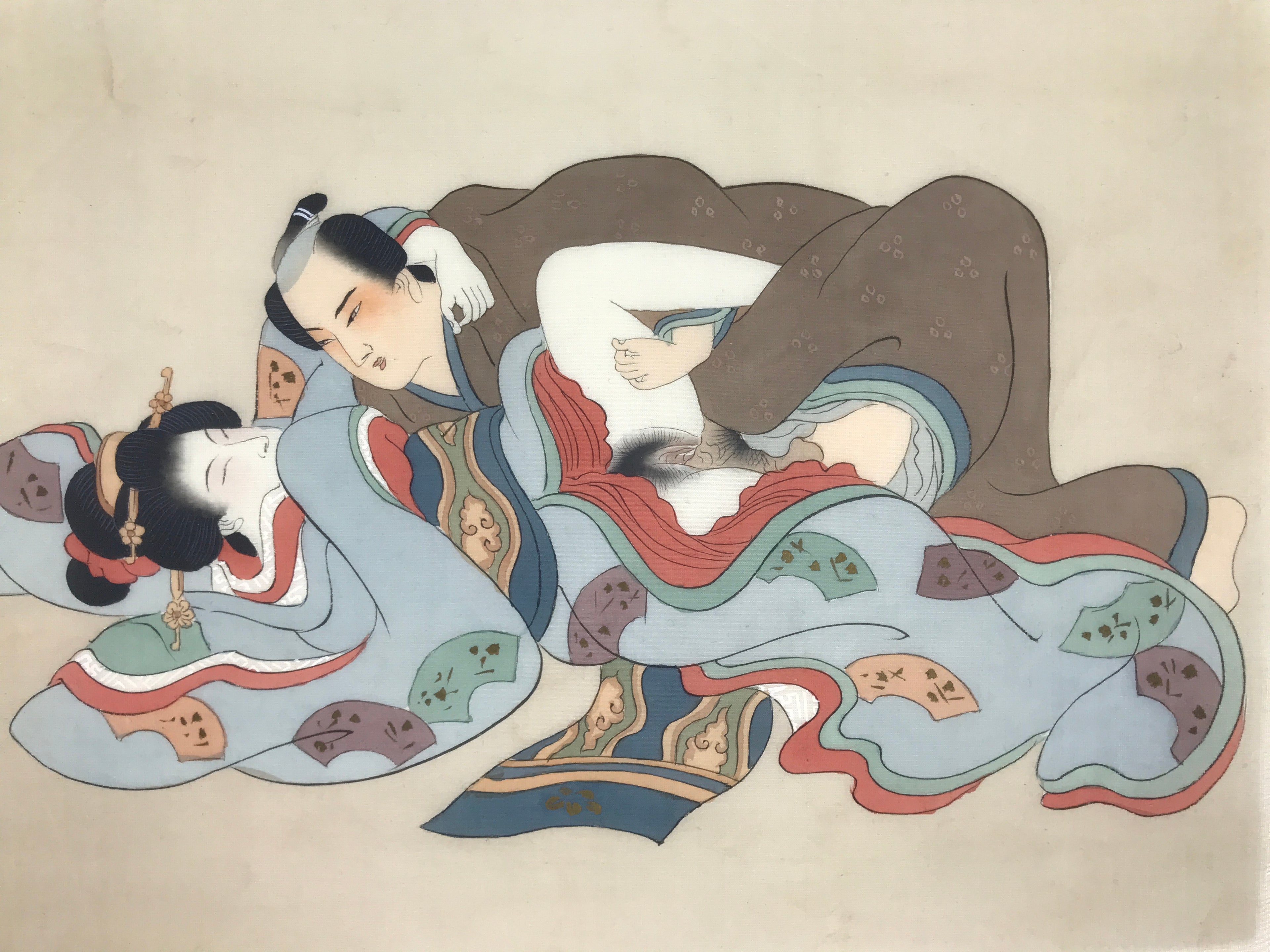 Antique Japanese Hand-Painted Silk Shunga Art Ukiyoe Kimono Couple Scene SP9
