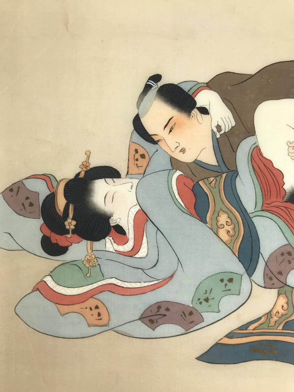 Antique Japanese Hand-Painted Silk Shunga Art Ukiyoe Kimono Couple Scene SP9