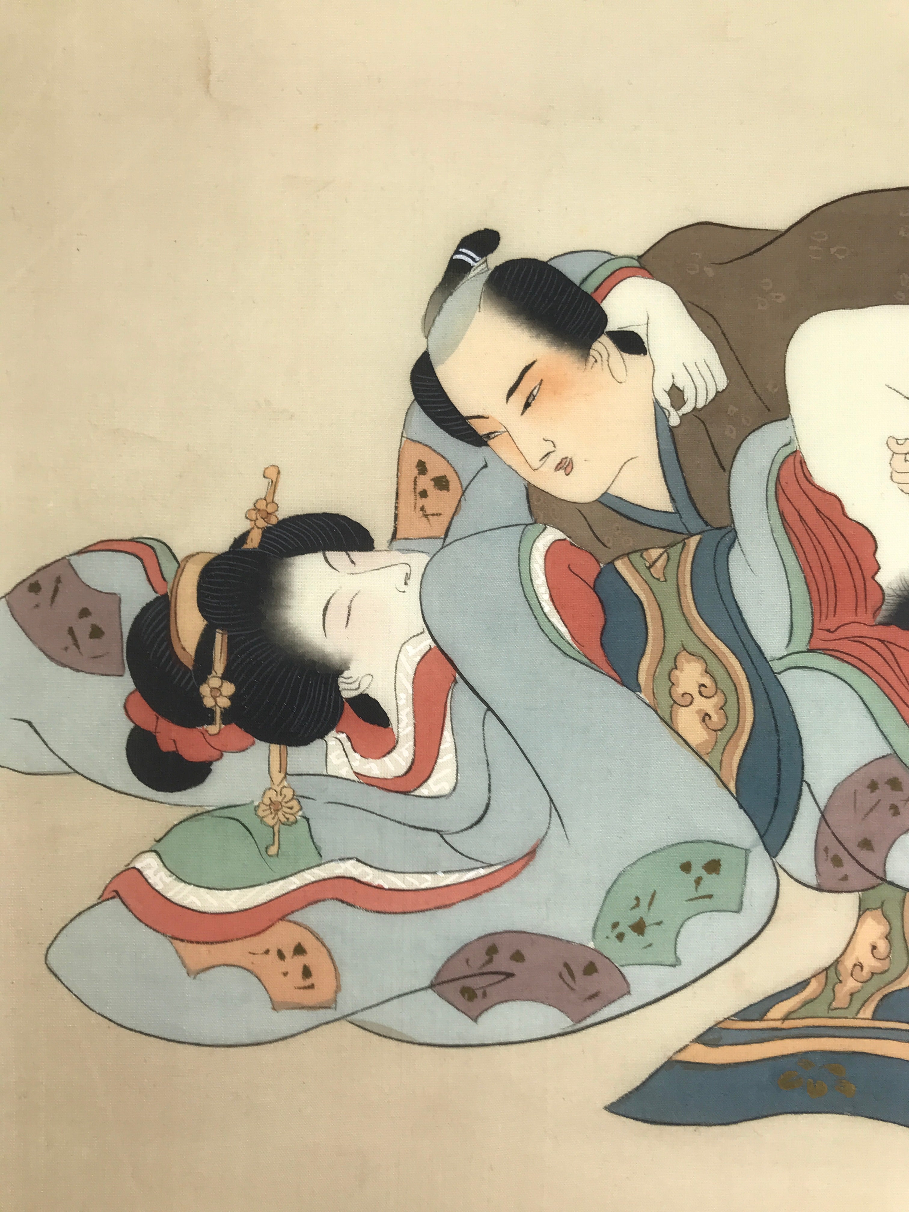 Antique Japanese Hand-Painted Silk Shunga Art Ukiyoe Kimono Couple Scene SP9