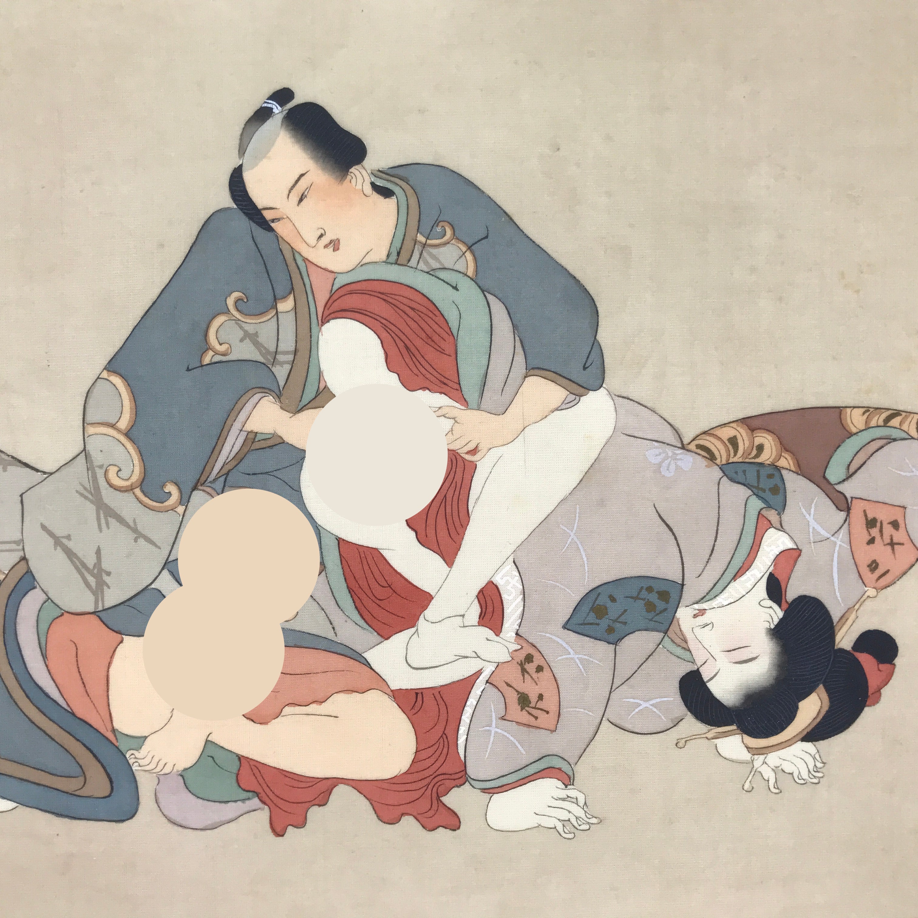Antique Japanese Hand-Painted Silk Shunga Art Ukiyoe Kimono Couple Scene SP10