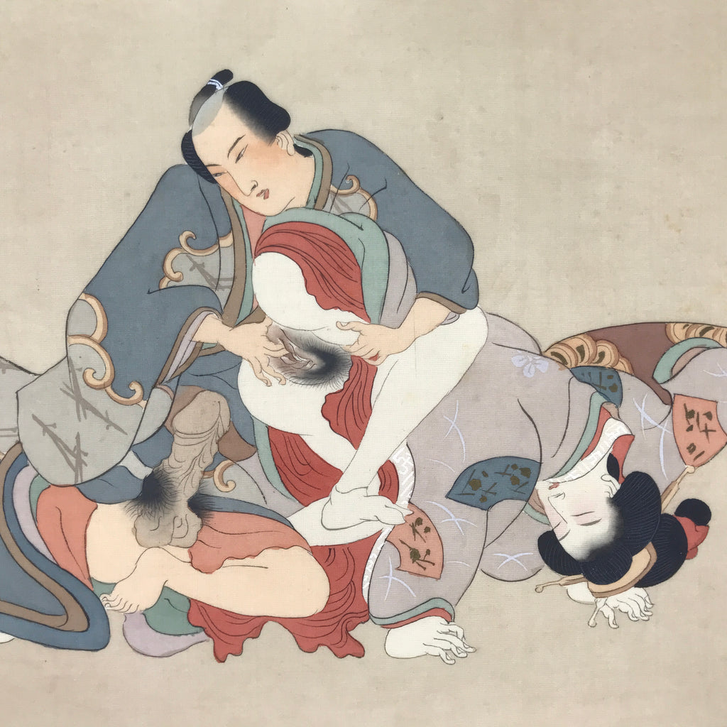 Antique Japanese Hand-Painted Silk Shunga Art Ukiyoe Kimono Couple Scene SP10