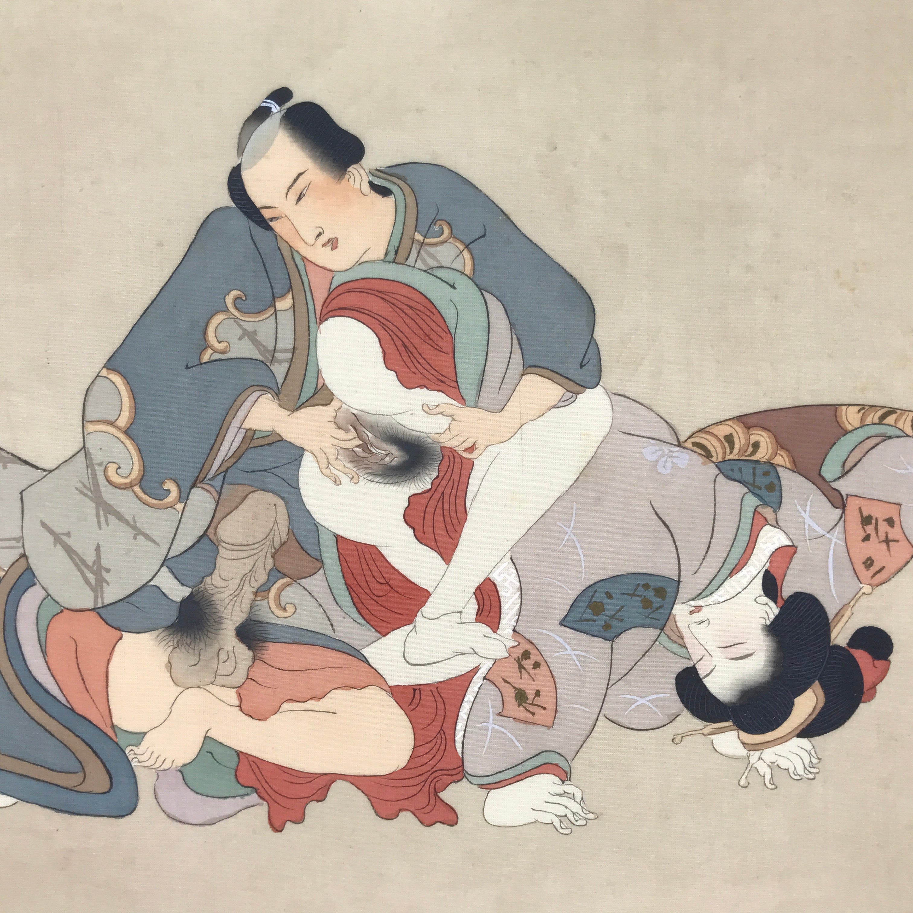 Antique Japanese Hand-Painted Silk Shunga Art Ukiyoe Kimono Couple Scene SP10