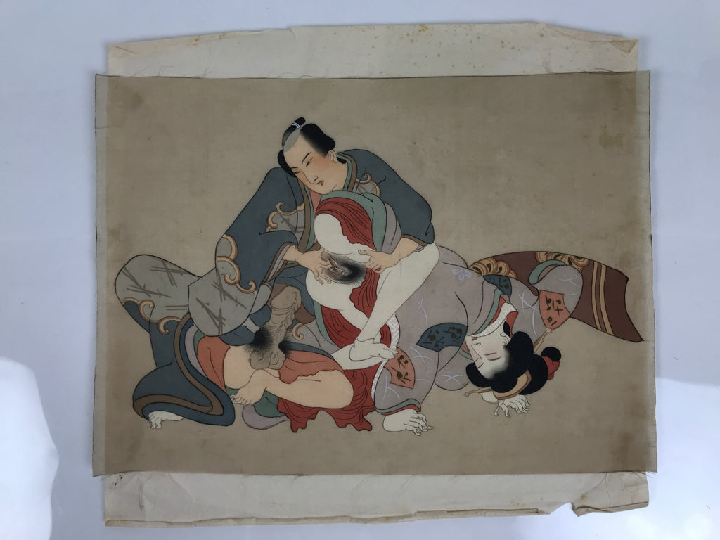 Antique Japanese Hand-Painted Silk Shunga Art Ukiyoe Kimono Couple Scene SP10