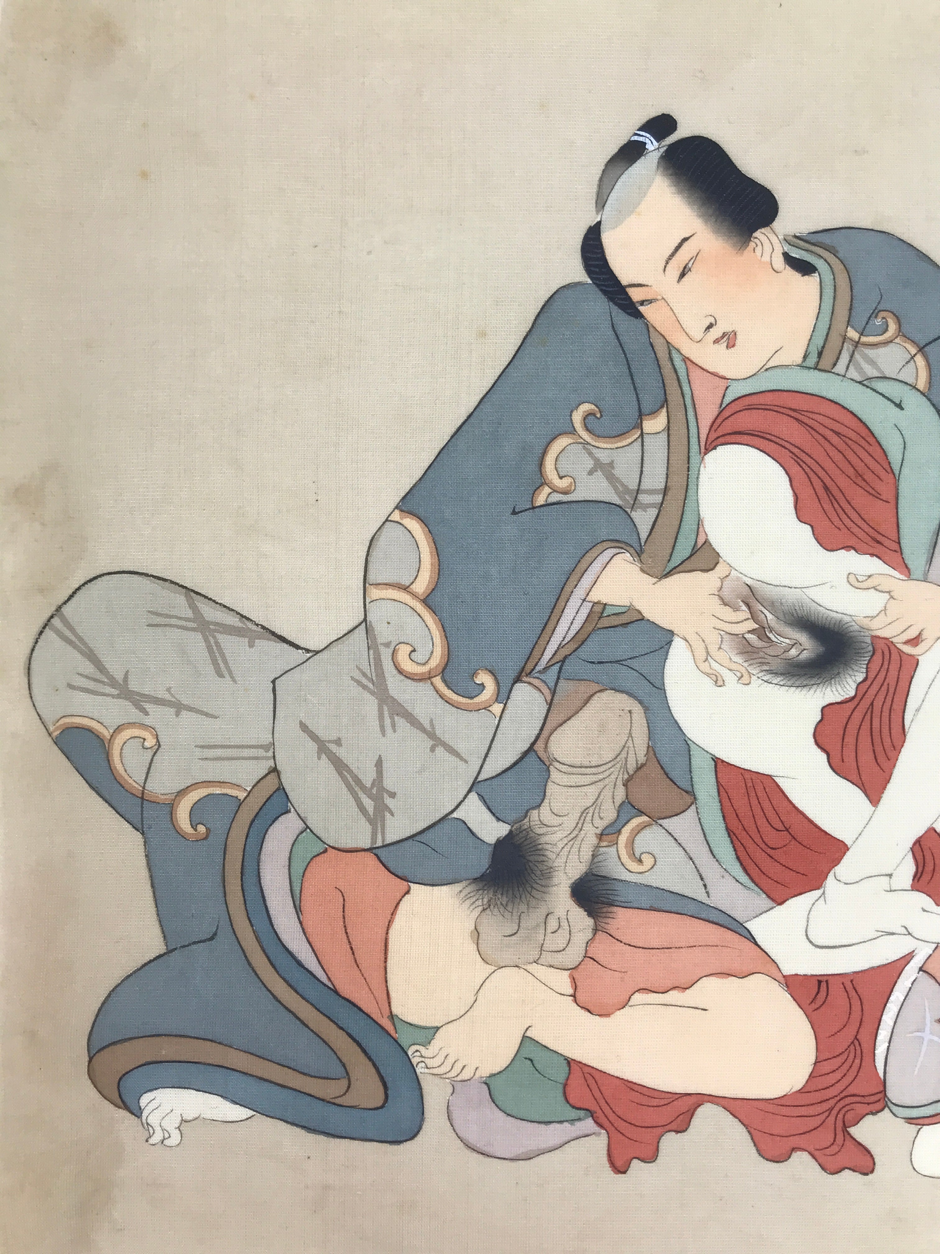 Antique Japanese Hand-Painted Silk Shunga Art Ukiyoe Kimono Couple Scene SP10