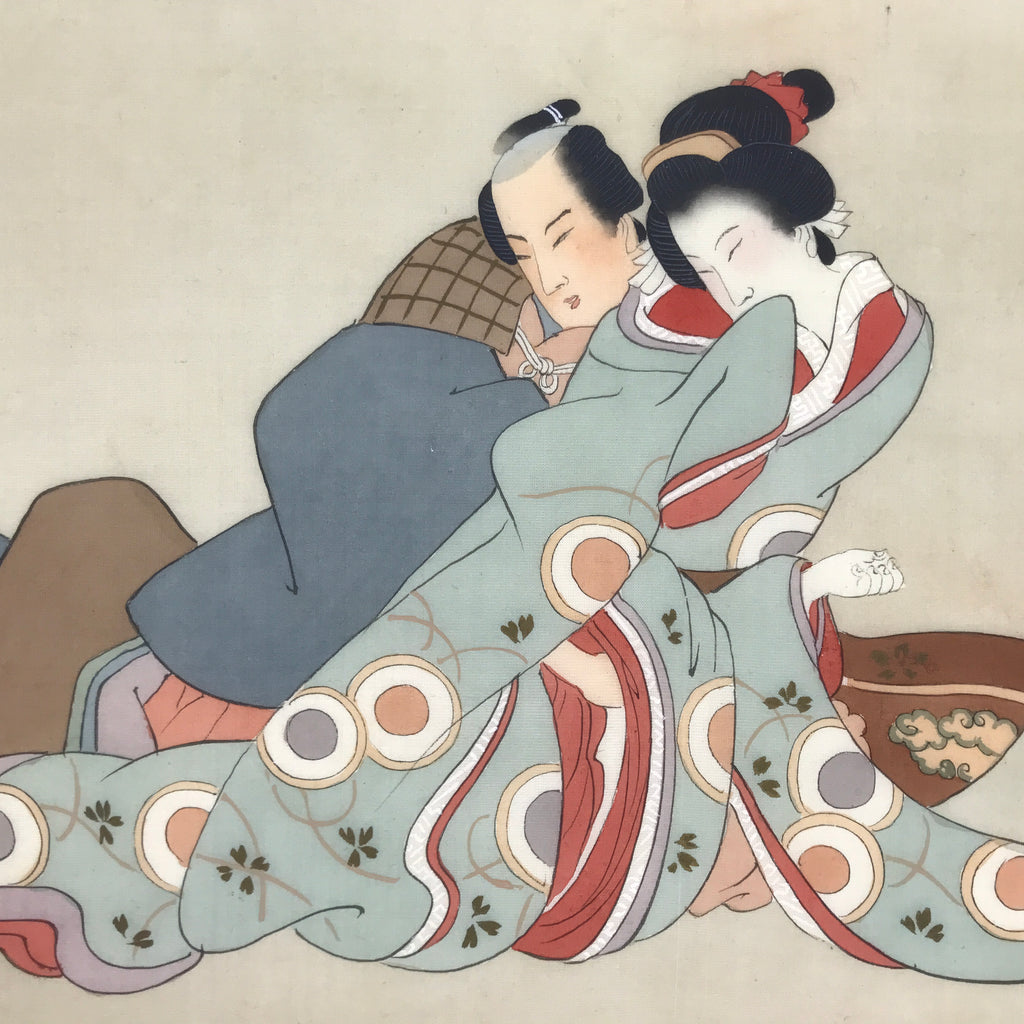 Antique Japanese Hand-Painted Silk Shunga Art Ukiyoe Kimono Couple Scene SP11