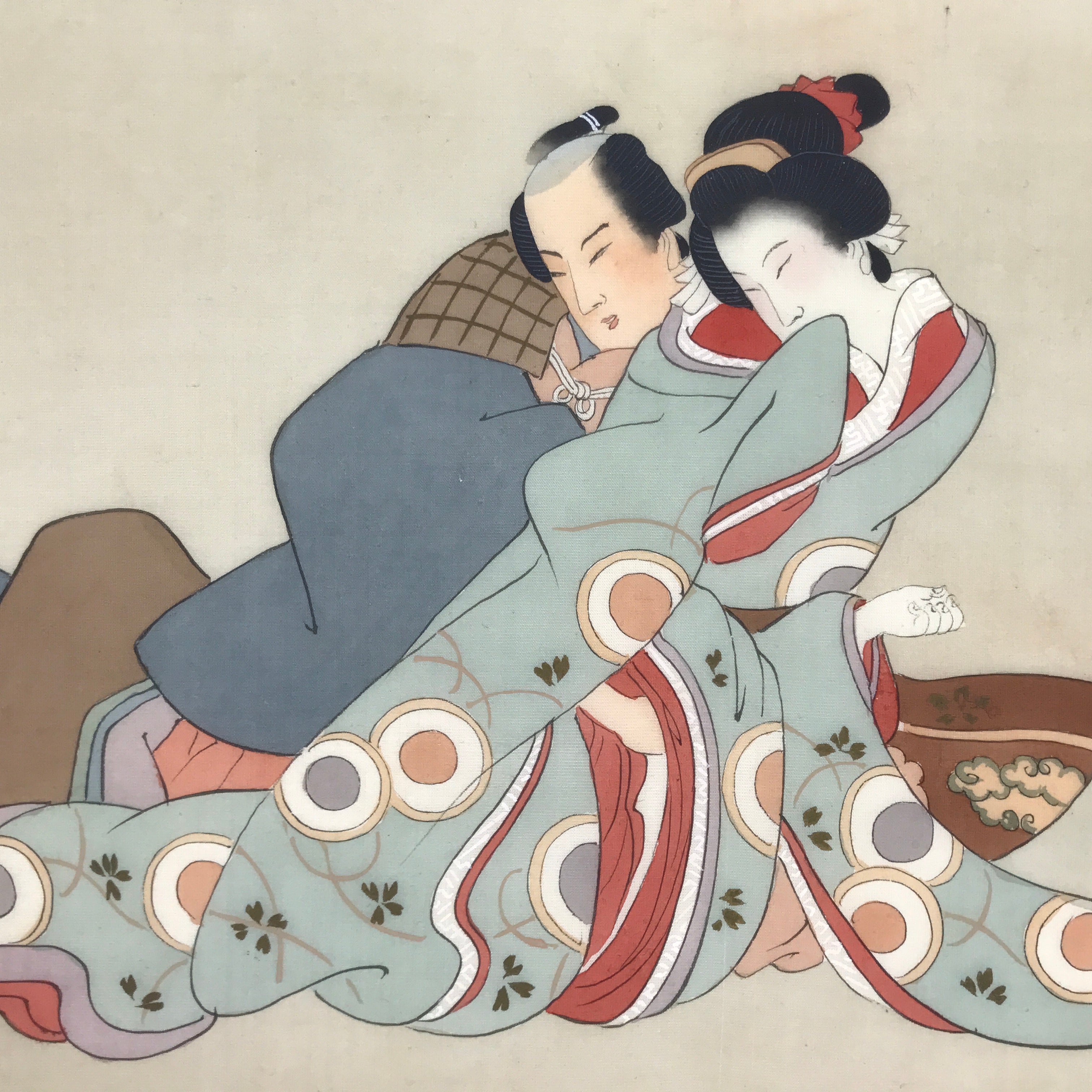 Antique Japanese Hand-Painted Silk Shunga Art Ukiyoe Kimono Couple Scene SP11