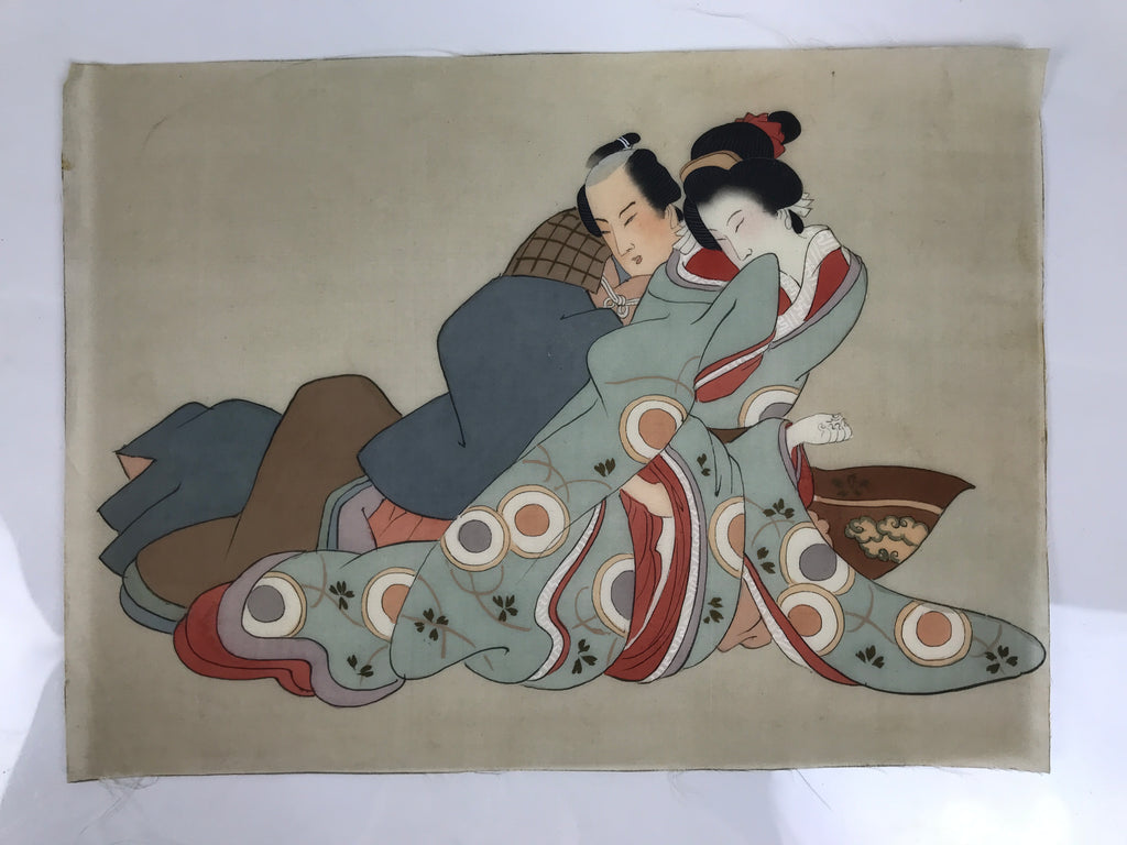 Antique Japanese Hand-Painted Silk Shunga Art Ukiyoe Kimono Couple Scene SP11