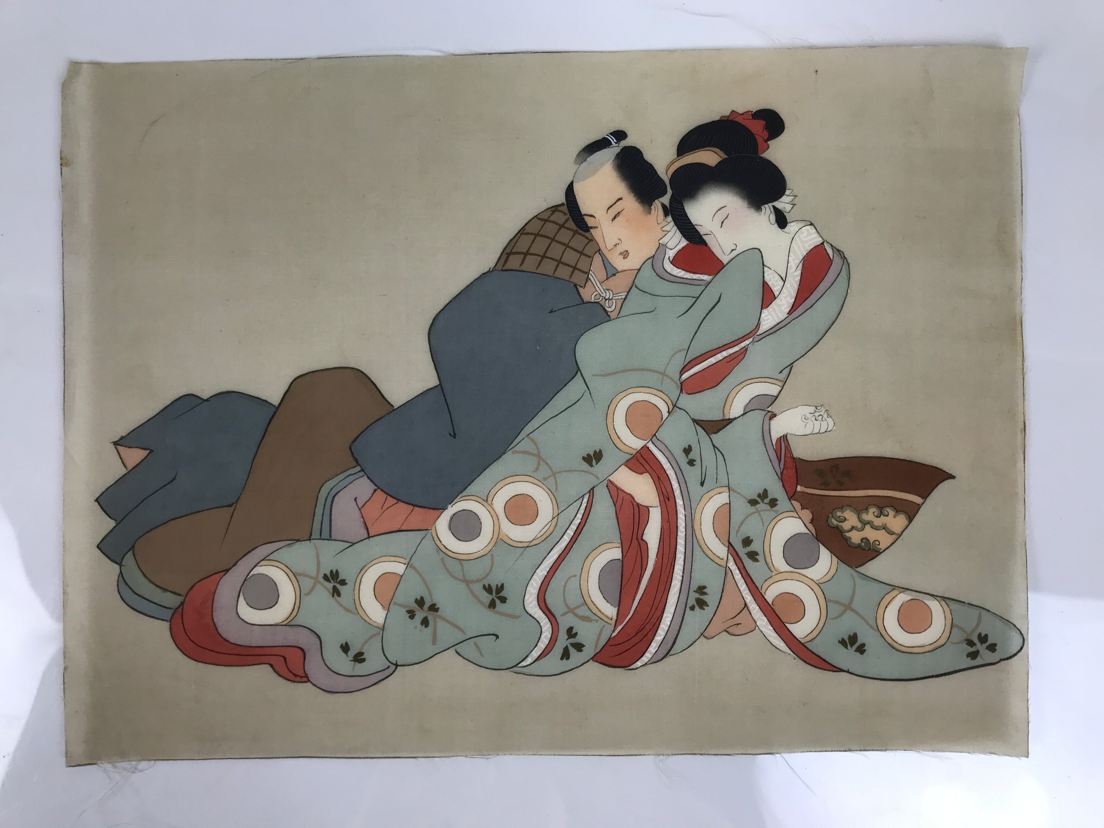 Antique Japanese Hand-Painted Silk Shunga Art Ukiyoe Kimono Couple Scene SP11