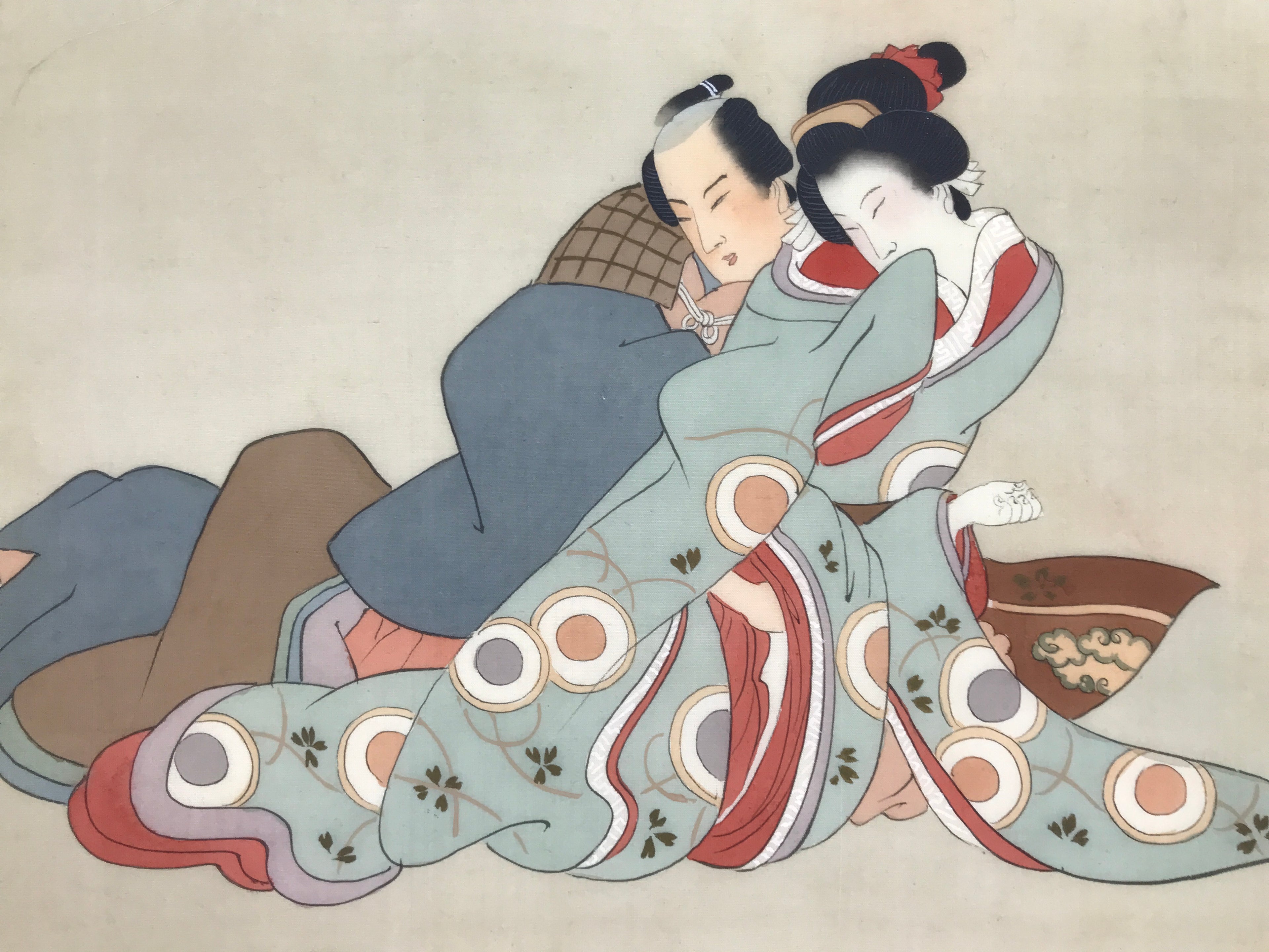 Antique Japanese Hand-Painted Silk Shunga Art Ukiyoe Kimono Couple Scene SP11