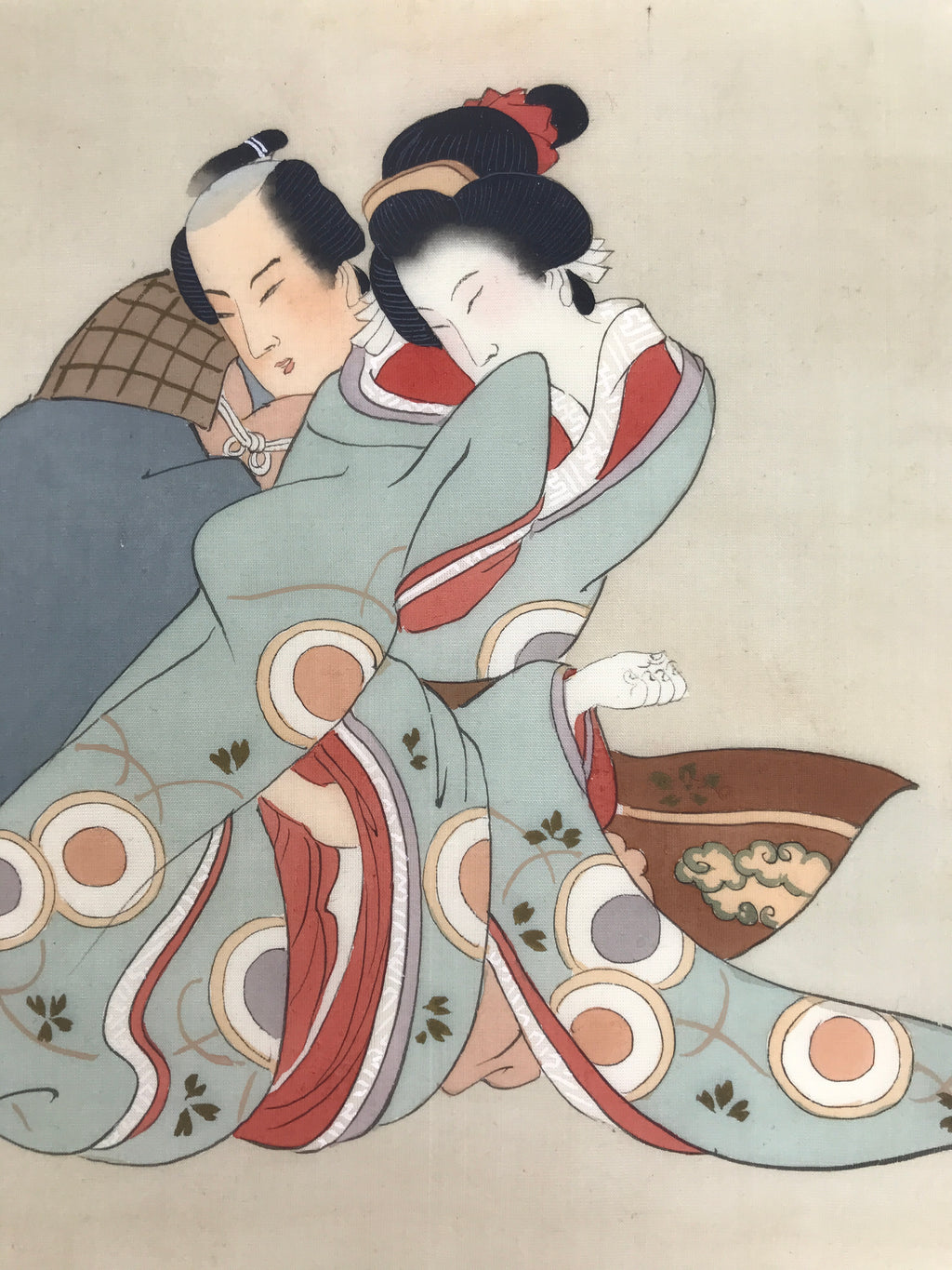 Antique Japanese Hand-Painted Silk Shunga Art Ukiyoe Kimono Couple Scene SP11