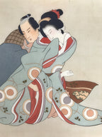Antique Japanese Hand-Painted Silk Shunga Art Ukiyoe Kimono Couple Scene SP11