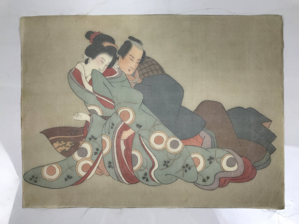 Antique Japanese Hand-Painted Silk Shunga Art Ukiyoe Kimono Couple Scene SP11