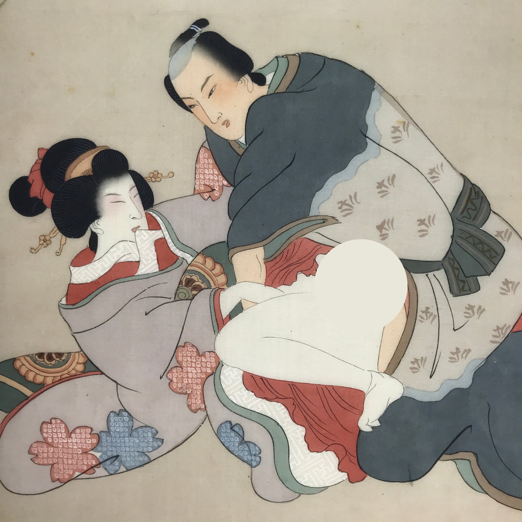 Antique Japanese Hand-Painted Silk Shunga Art Ukiyoe Kimono Couple Scene SP12