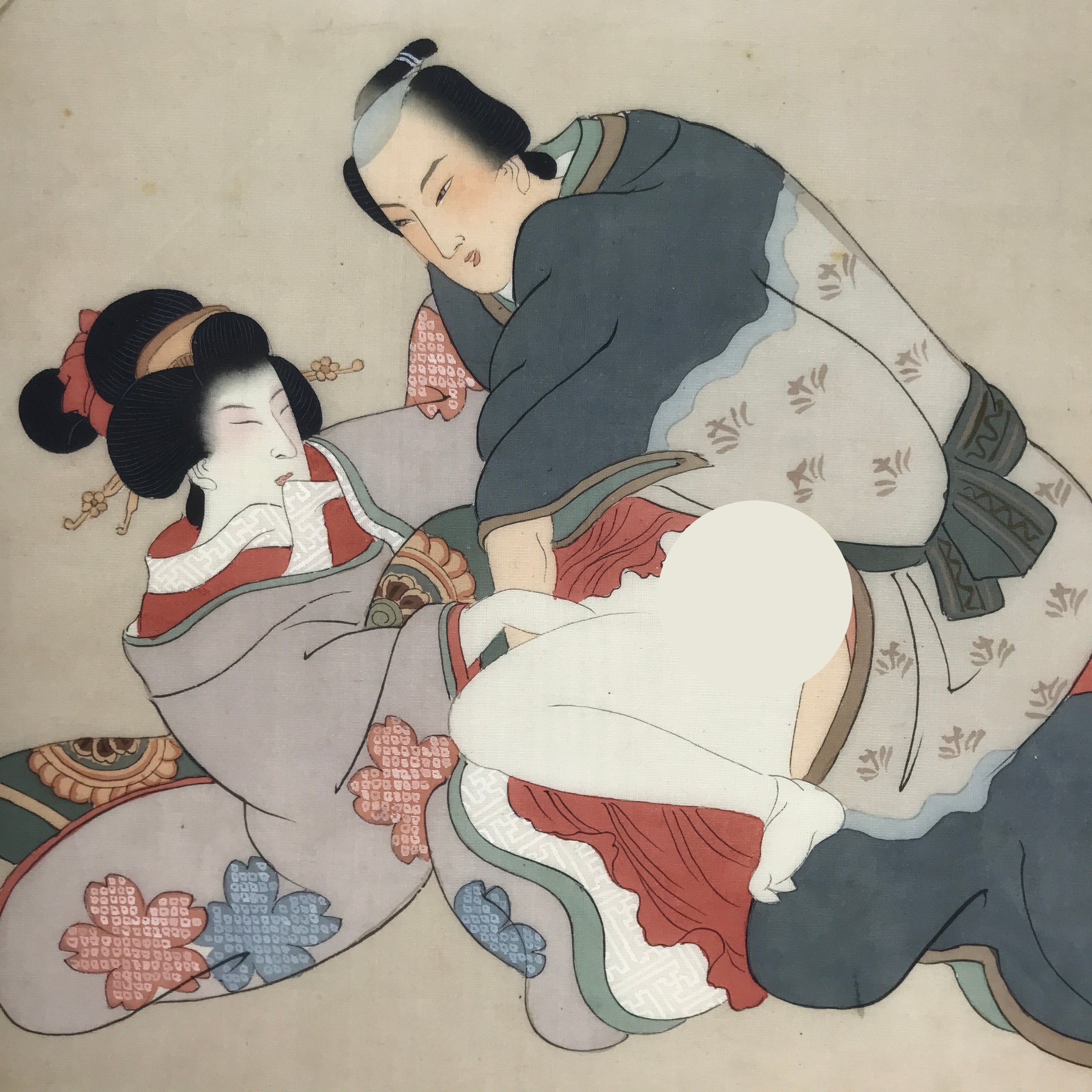 Antique Japanese Hand-Painted Silk Shunga Art Ukiyoe Kimono Couple Scene SP12