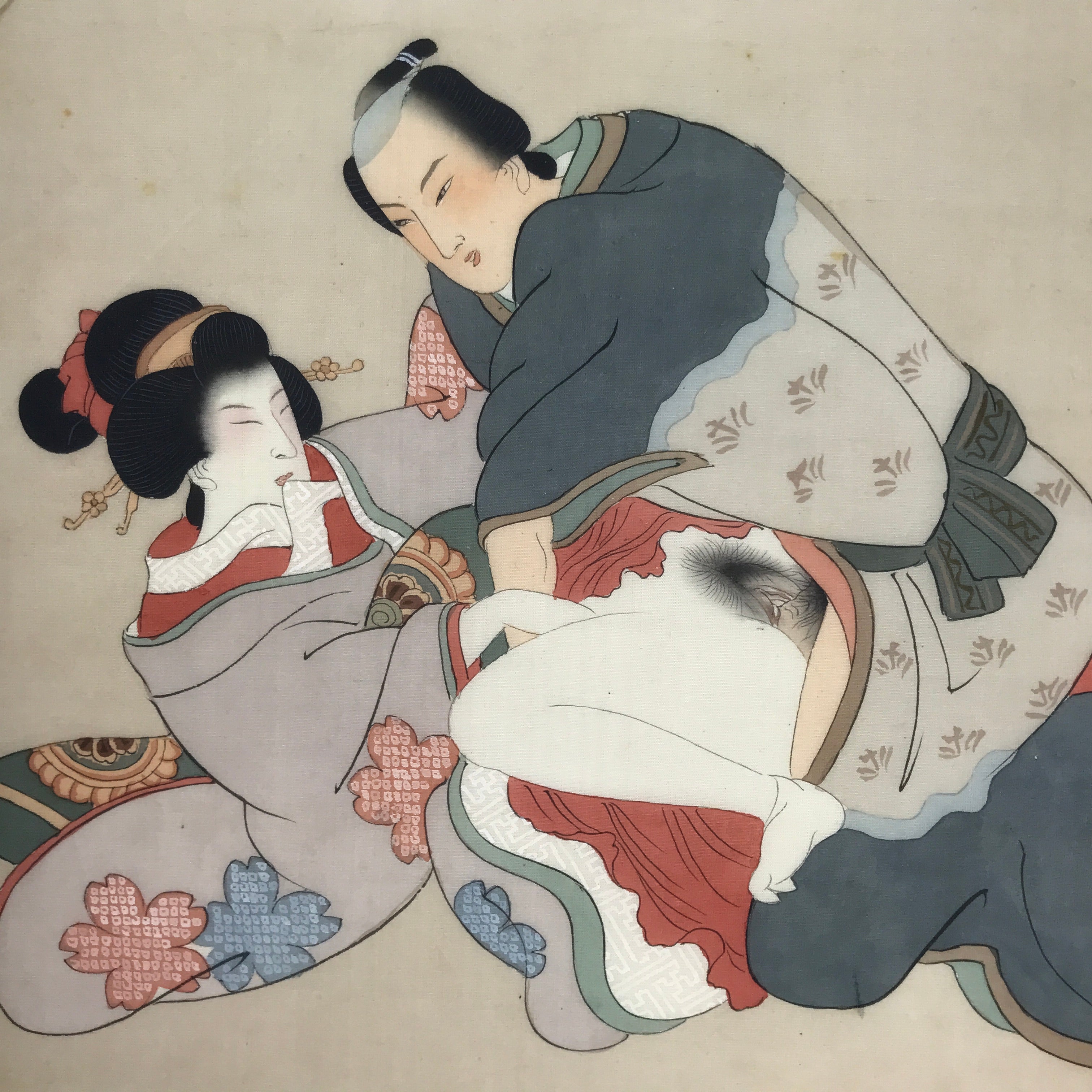 Antique Japanese Hand-Painted Silk Shunga Art Ukiyoe Kimono Couple Scene SP12