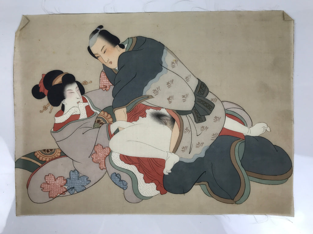 Antique Japanese Hand-Painted Silk Shunga Art Ukiyoe Kimono Couple Scene SP12