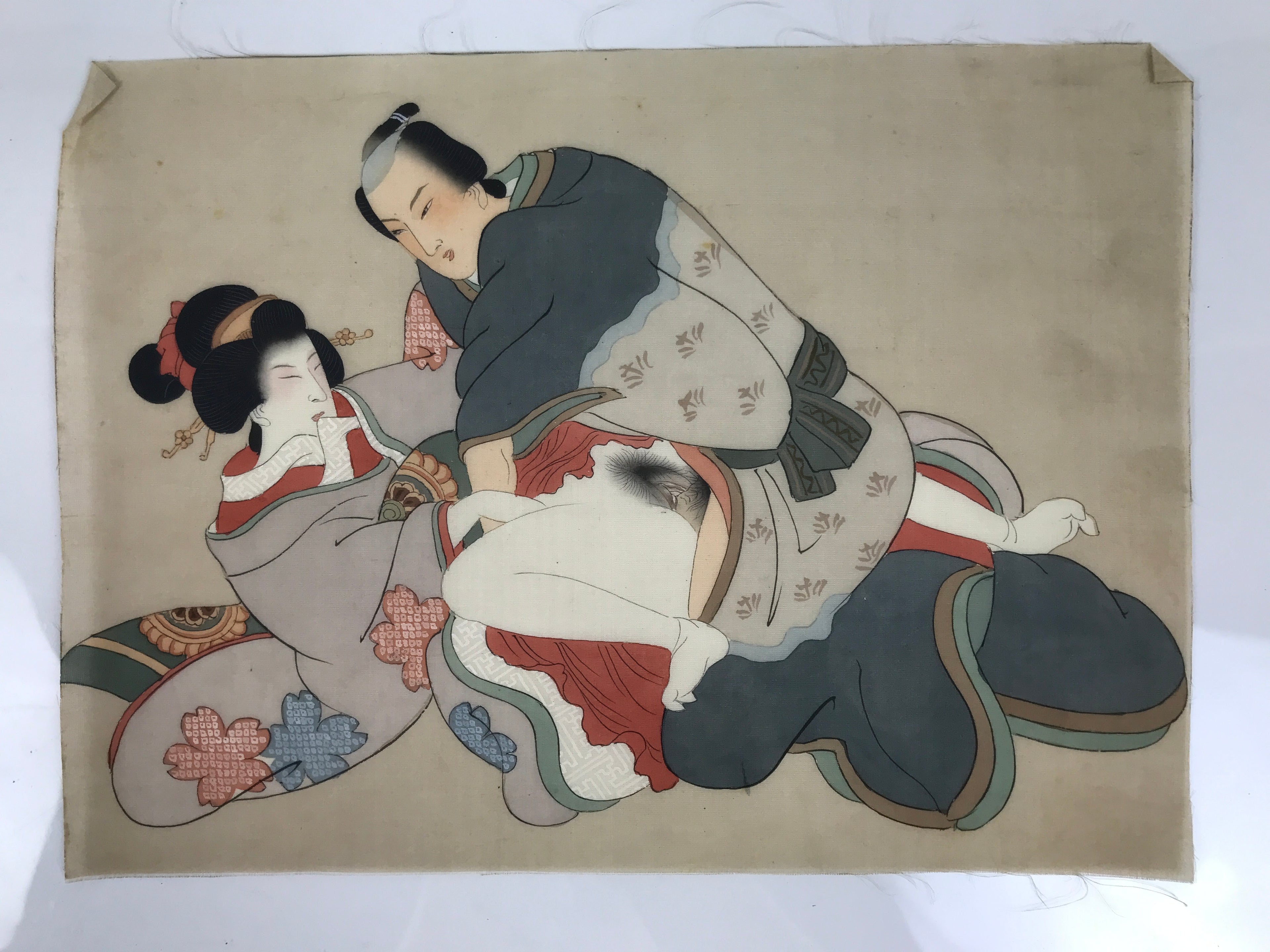 Antique Japanese Hand-Painted Silk Shunga Art Ukiyoe Kimono Couple Scene SP12