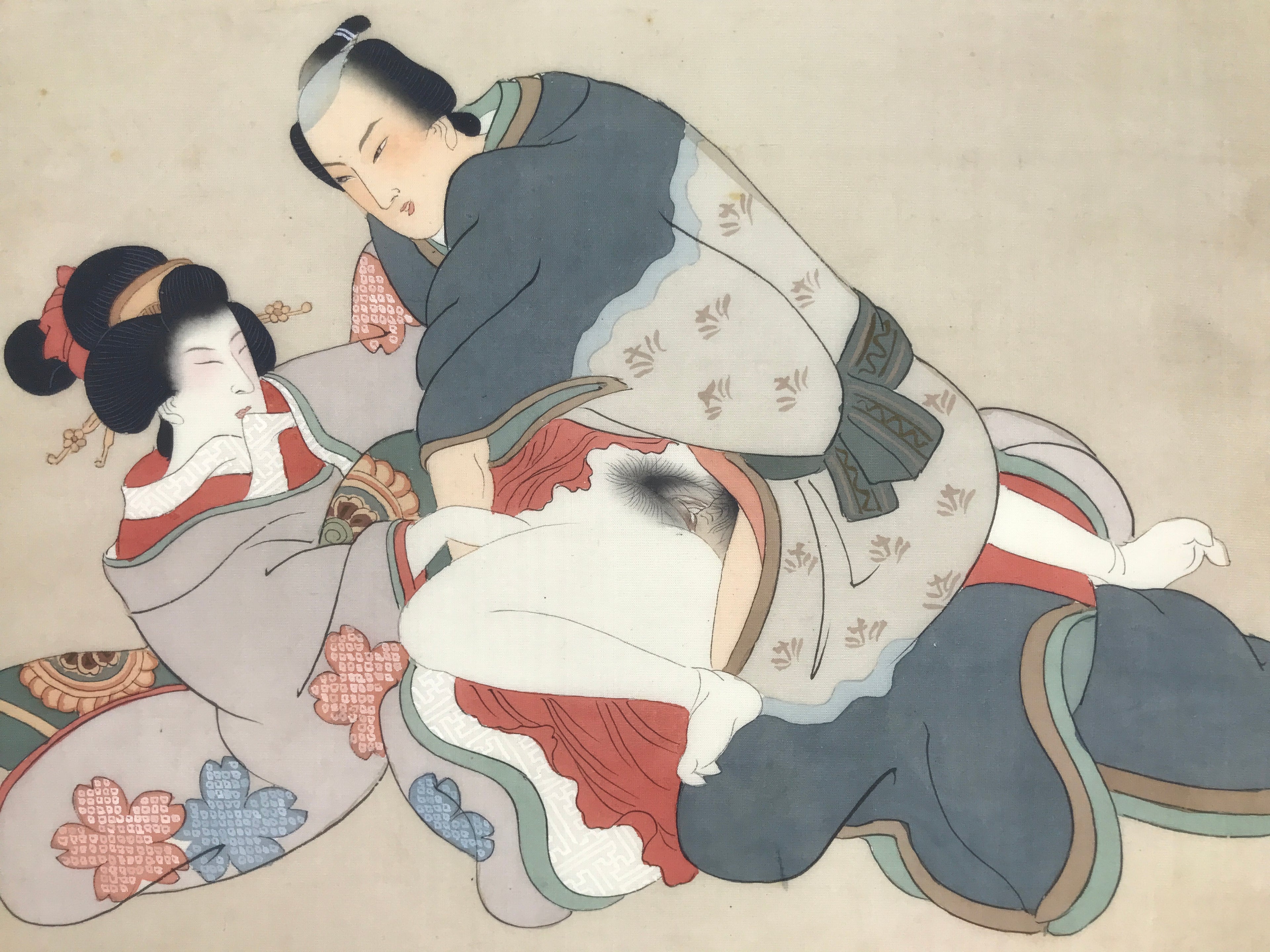 Antique Japanese Hand-Painted Silk Shunga Art Ukiyoe Kimono Couple Scene SP12