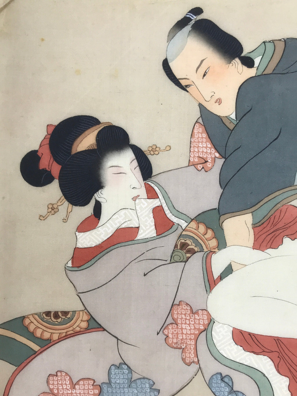 Antique Japanese Hand-Painted Silk Shunga Art Ukiyoe Kimono Couple Scene SP12