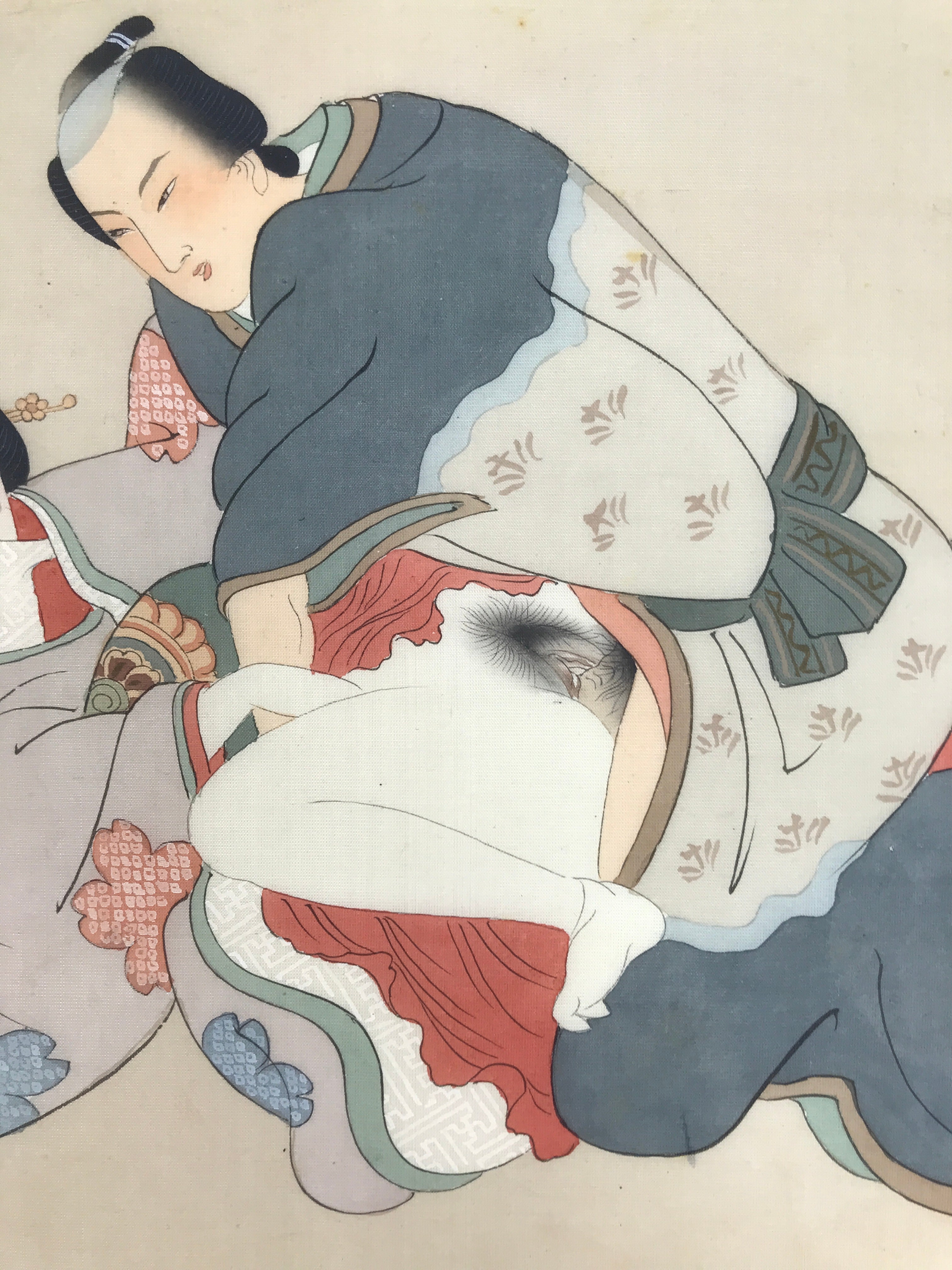 Antique Japanese Hand-Painted Silk Shunga Art Ukiyoe Kimono Couple Scene SP12