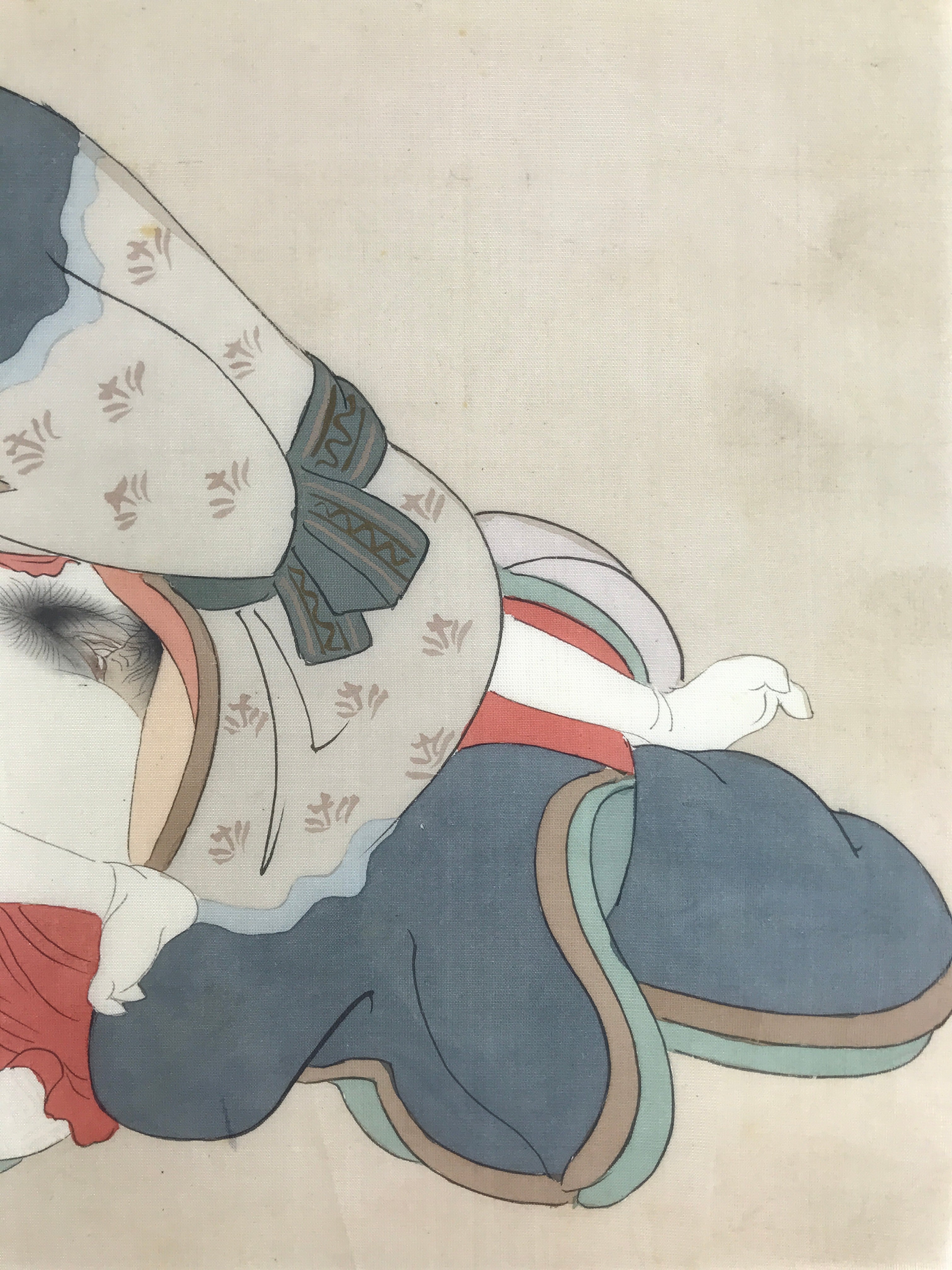 Antique Japanese Hand-Painted Silk Shunga Art Ukiyoe Kimono Couple Scene SP12