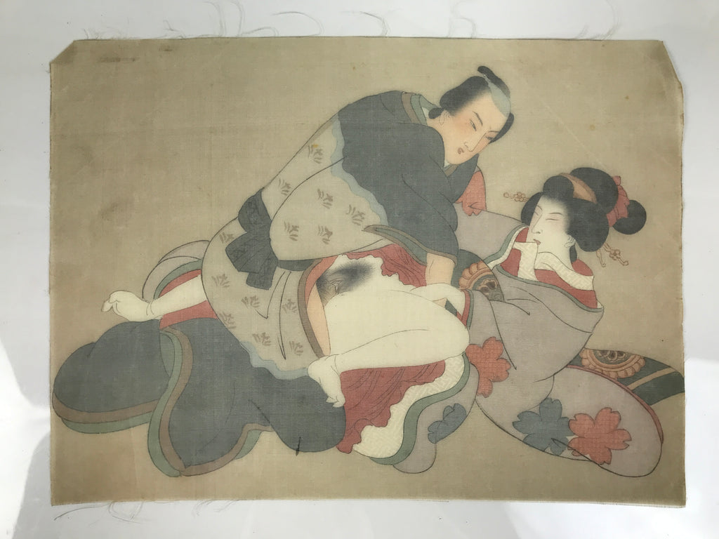 Antique Japanese Hand-Painted Silk Shunga Art Ukiyoe Kimono Couple Scene SP12