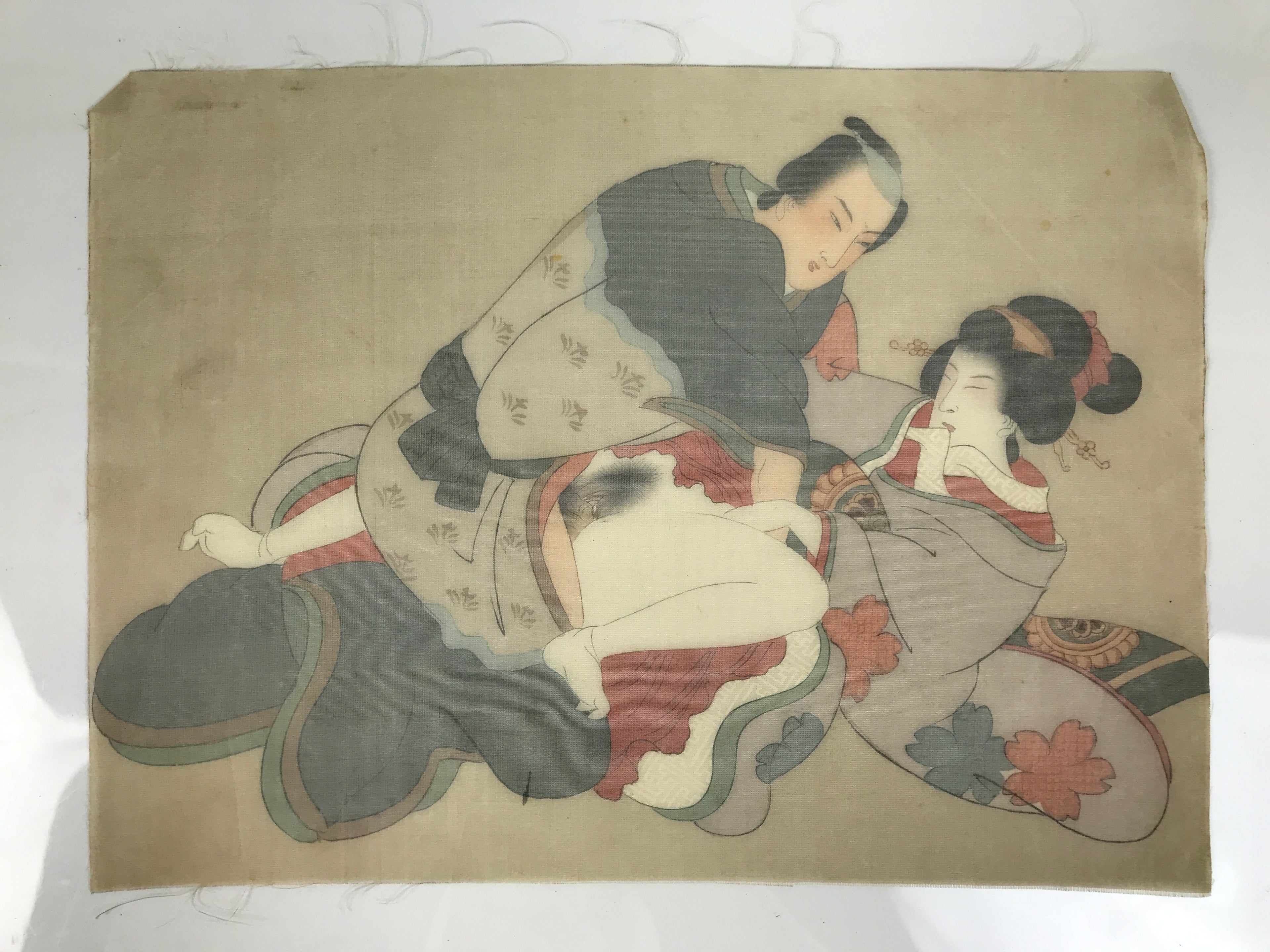 Antique Japanese Hand-Painted Silk Shunga Art Ukiyoe Kimono Couple Scene SP12