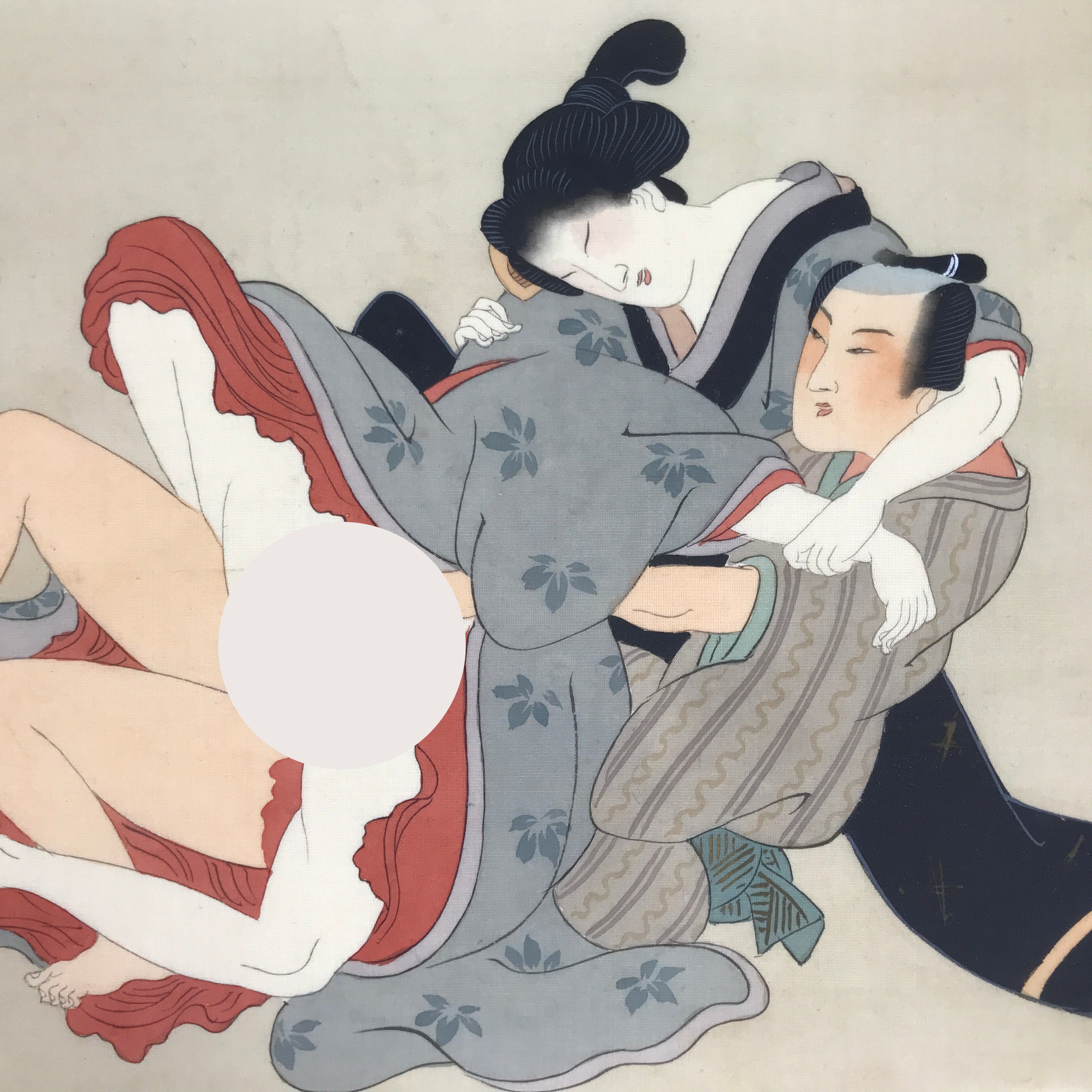Antique Japanese Hand-Painted Silk Shunga Art Ukiyoe Kimono Couple Scene SP13